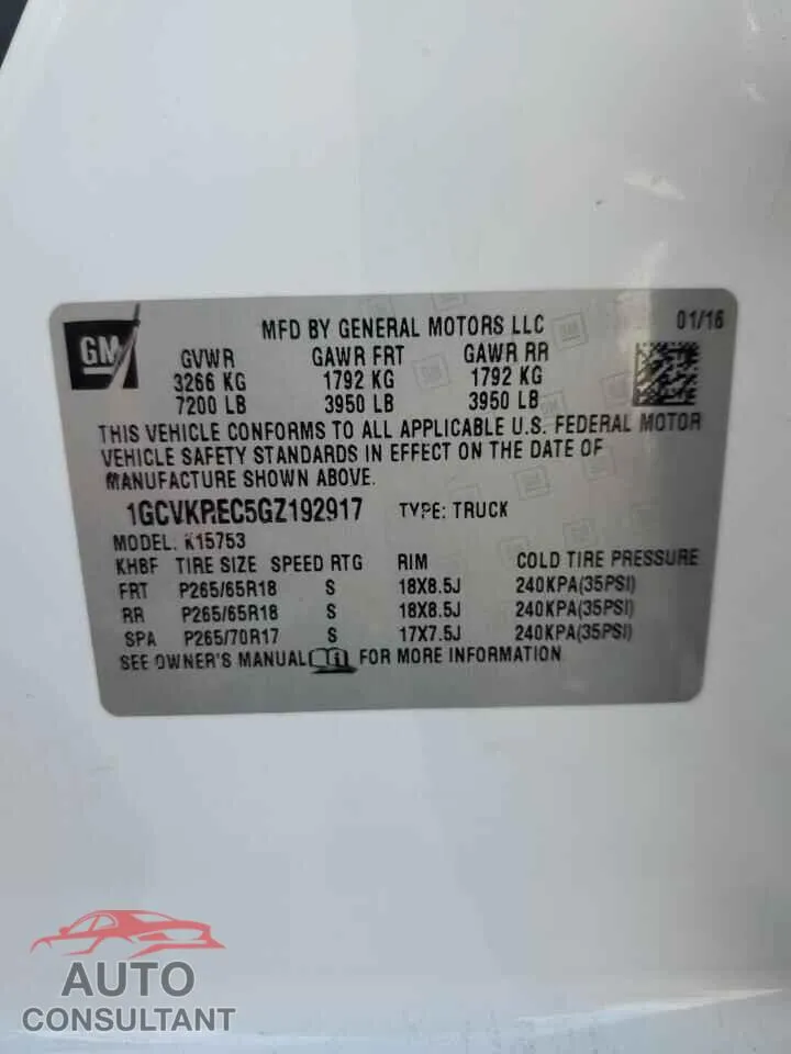 2016 CHEVROLET ALL Models Damaged VIN 1GCVKREC5GZ192917 – photo 12
