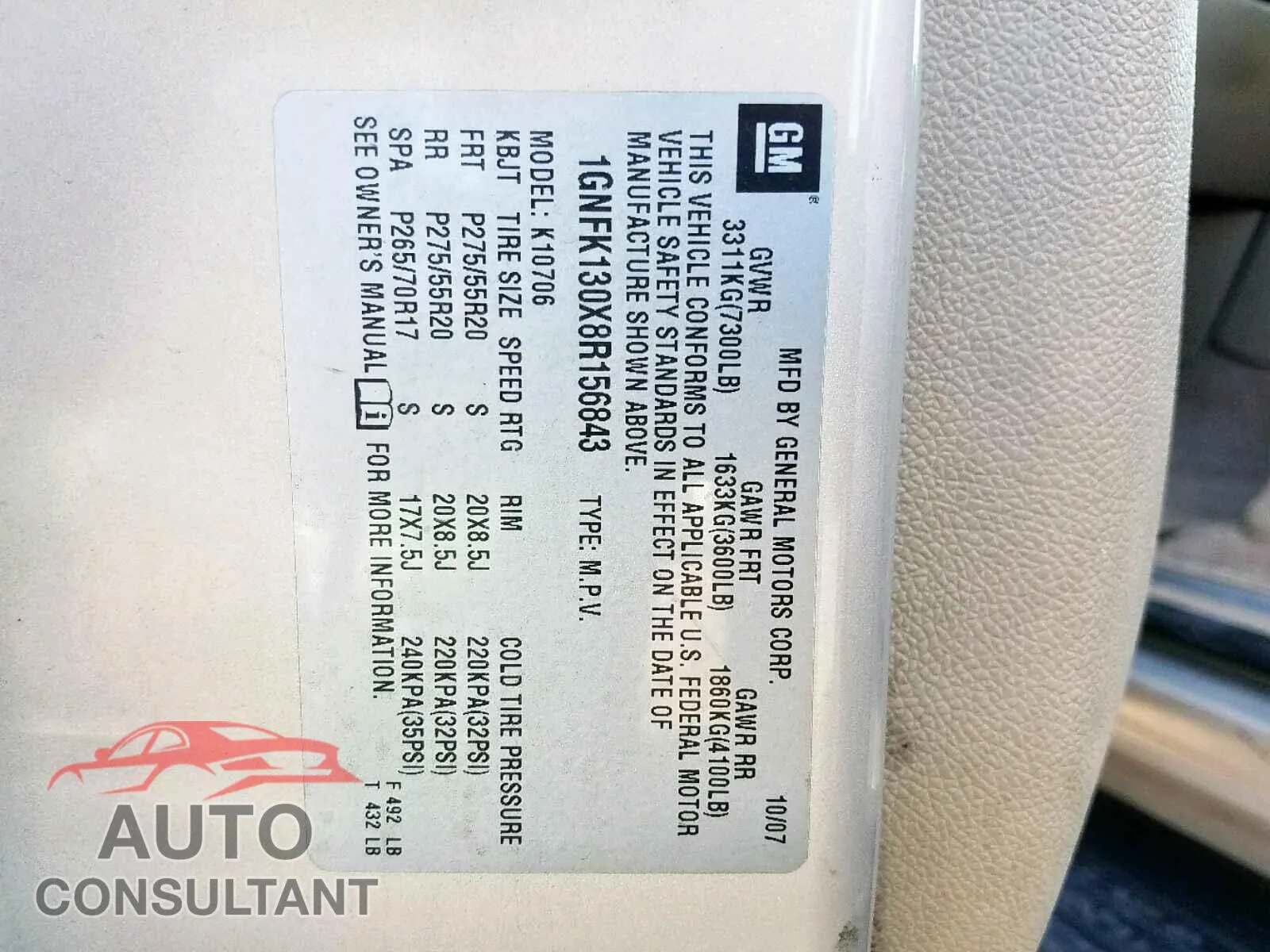 2008 CHEVROLET TAHOE K150 Damaged VIN 1GNFK130X8R156843 – odometer reading