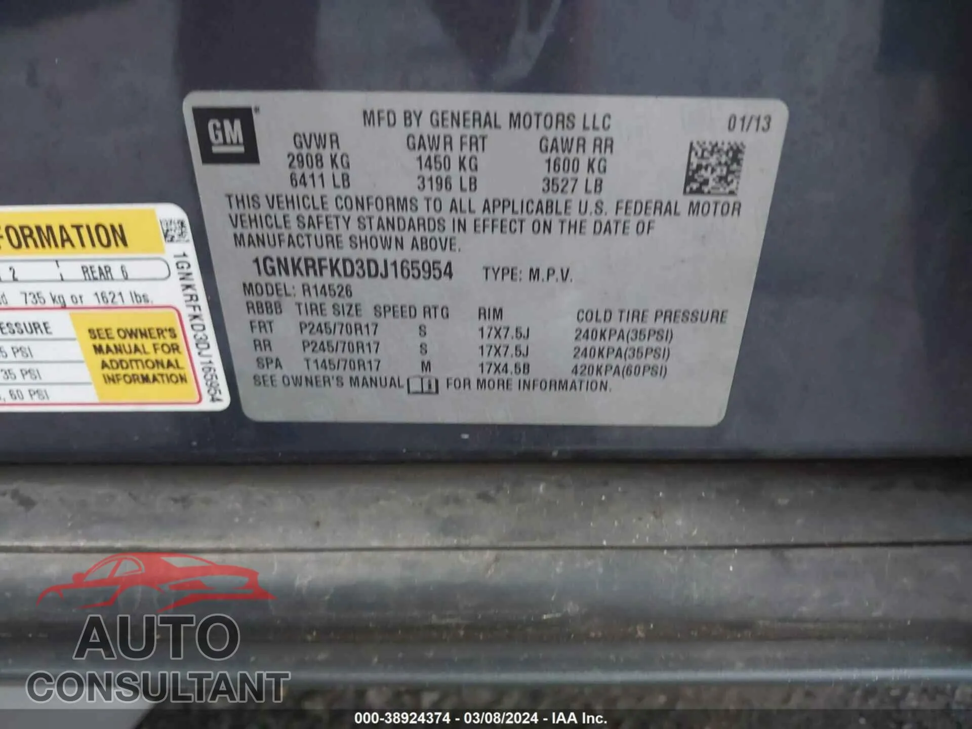 2013 CHEVROLET TRAVERSE Damaged VIN 1GNKRFKD3DJ165954 – trunk area