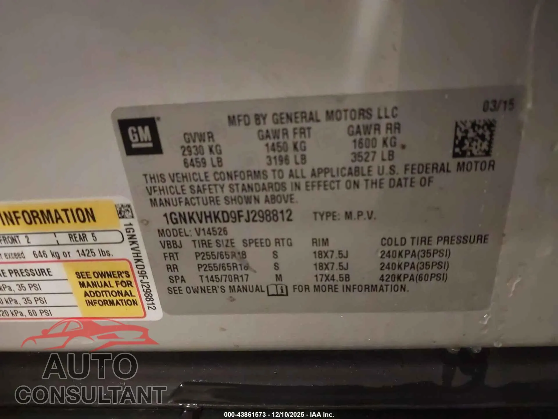 2015 CHEVROLET TRAVERSE Damaged VIN 1GNKVHKD9FJ298812 – trunk area
