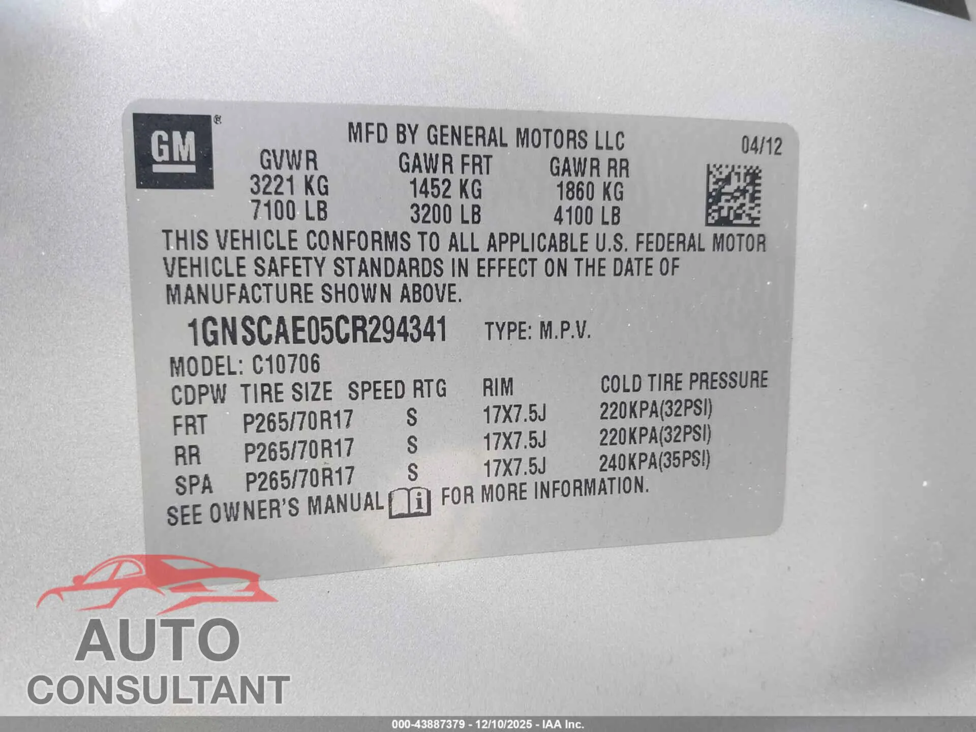2012 CHEVROLET TAHOE Damaged VIN 1GNSCAE05CR294341 – trunk area