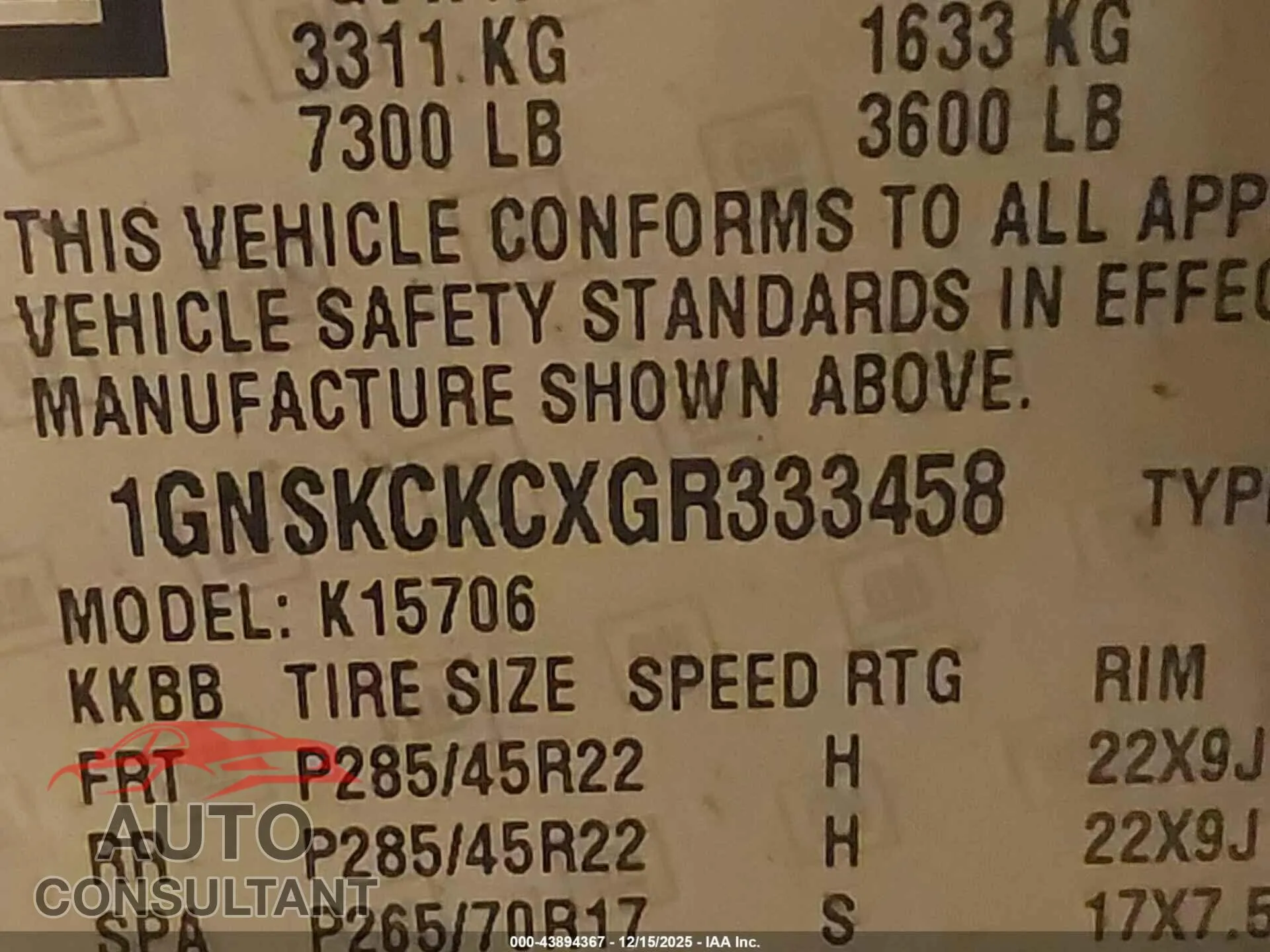 2016 CHEVROLET TAHOE Damaged VIN 1GNSKCKCXGR333458 – trunk area