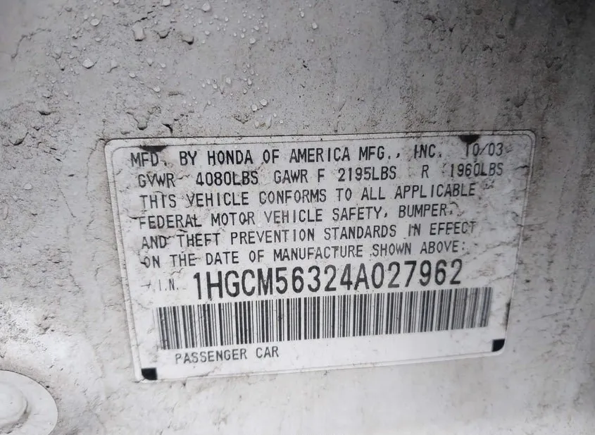 2004 HONDA Accord Used VIN 1HGCM56324A027962 – engine bay