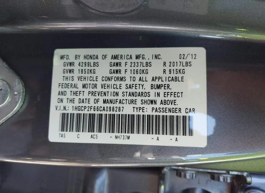 2012 HONDA ACCORD Used VIN 1HGCP2F66CA098287 – odometer reading 2012 HONDA ACCORD Used VIN 1HGCP2F66CA098287 – odometer reading