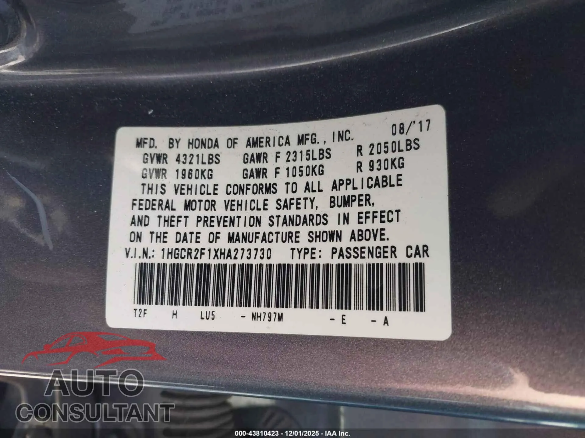 2017 HONDA ACCORD Damaged VIN 1HGCR2F1XHA273730 – trunk area