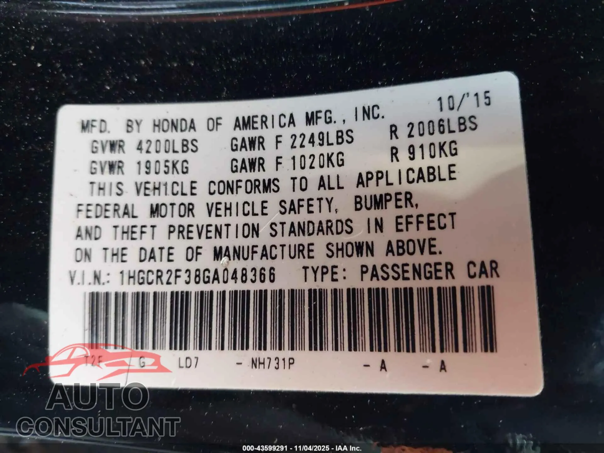 2016 HONDA ACCORD Damaged VIN 1HGCR2F38GA048366 – trunk area