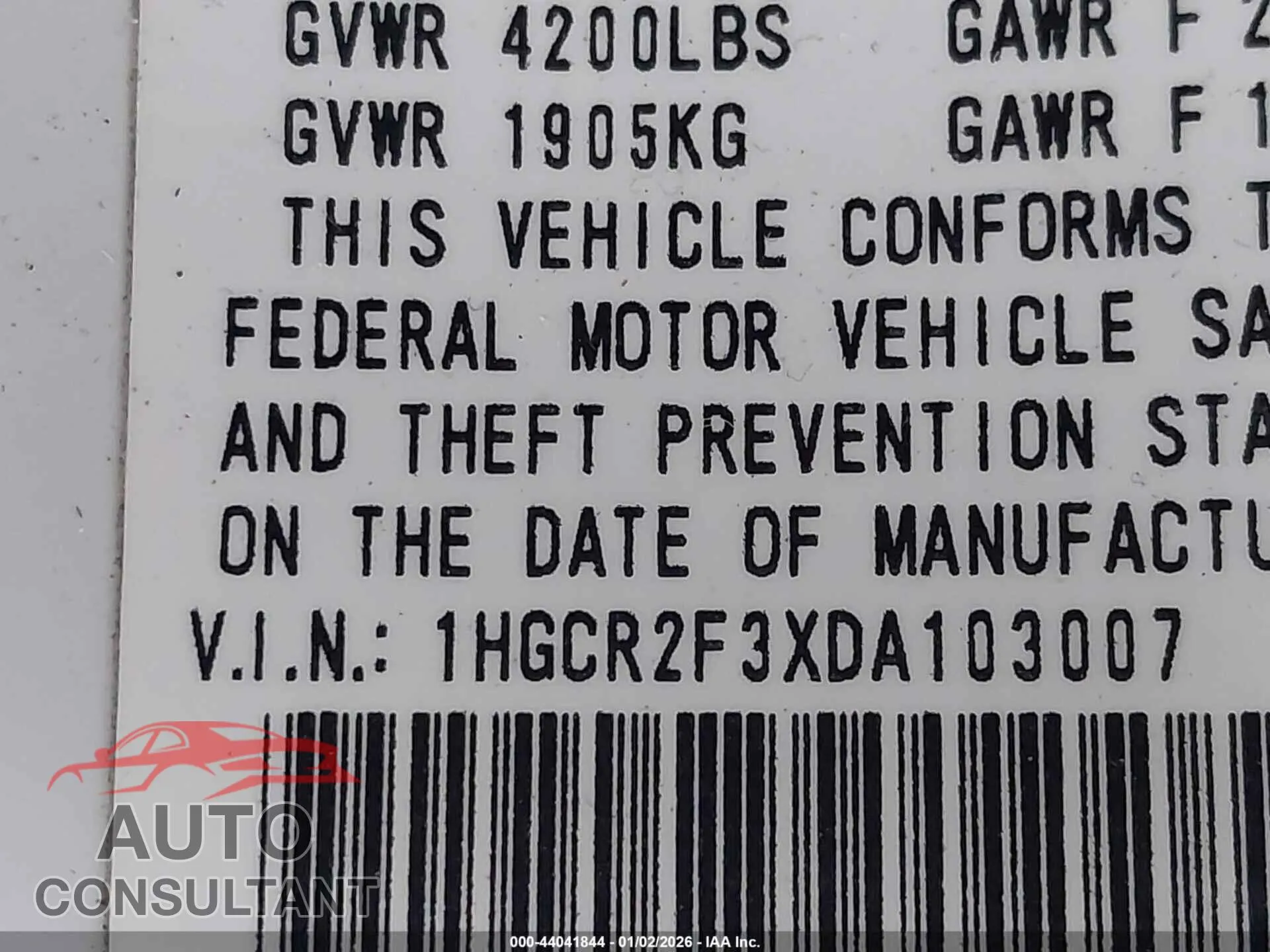 2013 HONDA ACCORD Damaged VIN 1HGCR2F3XDA103007 – trunk area