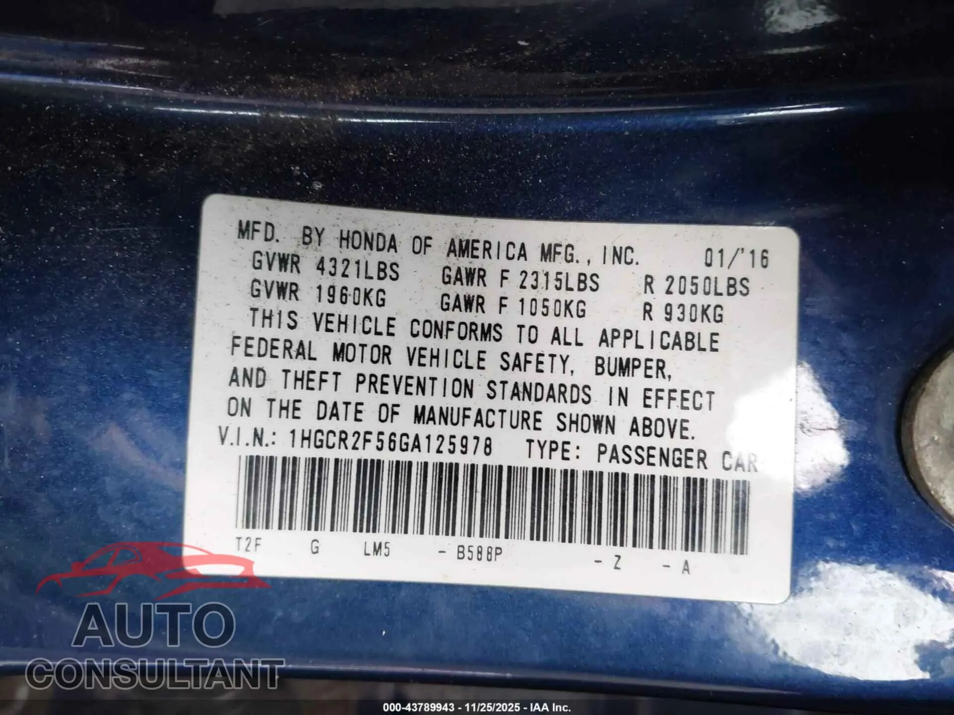 2016 HONDA ACCORD Damaged VIN 1HGCR2F56GA125978 – trunk area