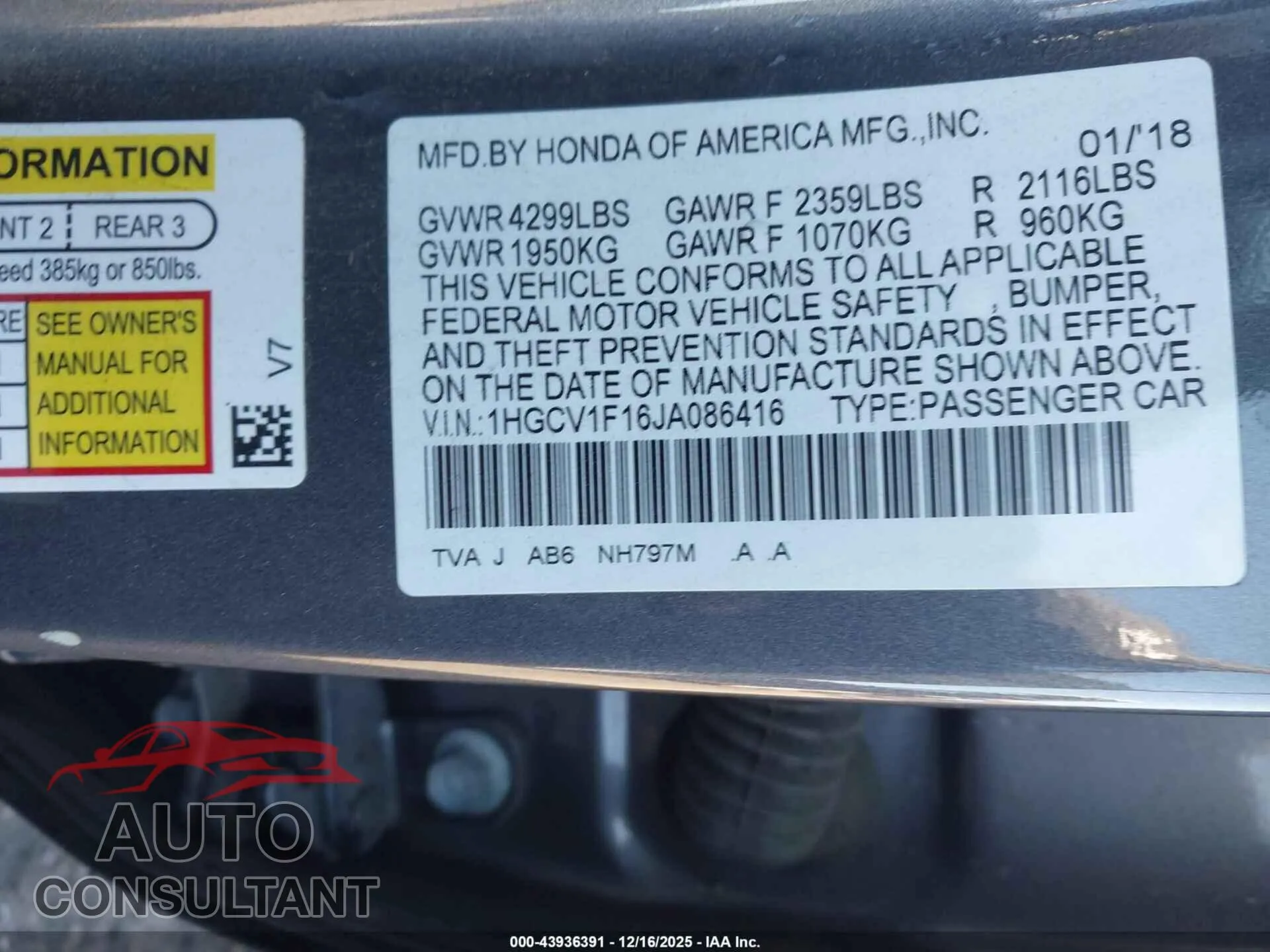 2018 HONDA ACCORD Damaged VIN 1HGCV1F16JA086416 – trunk area