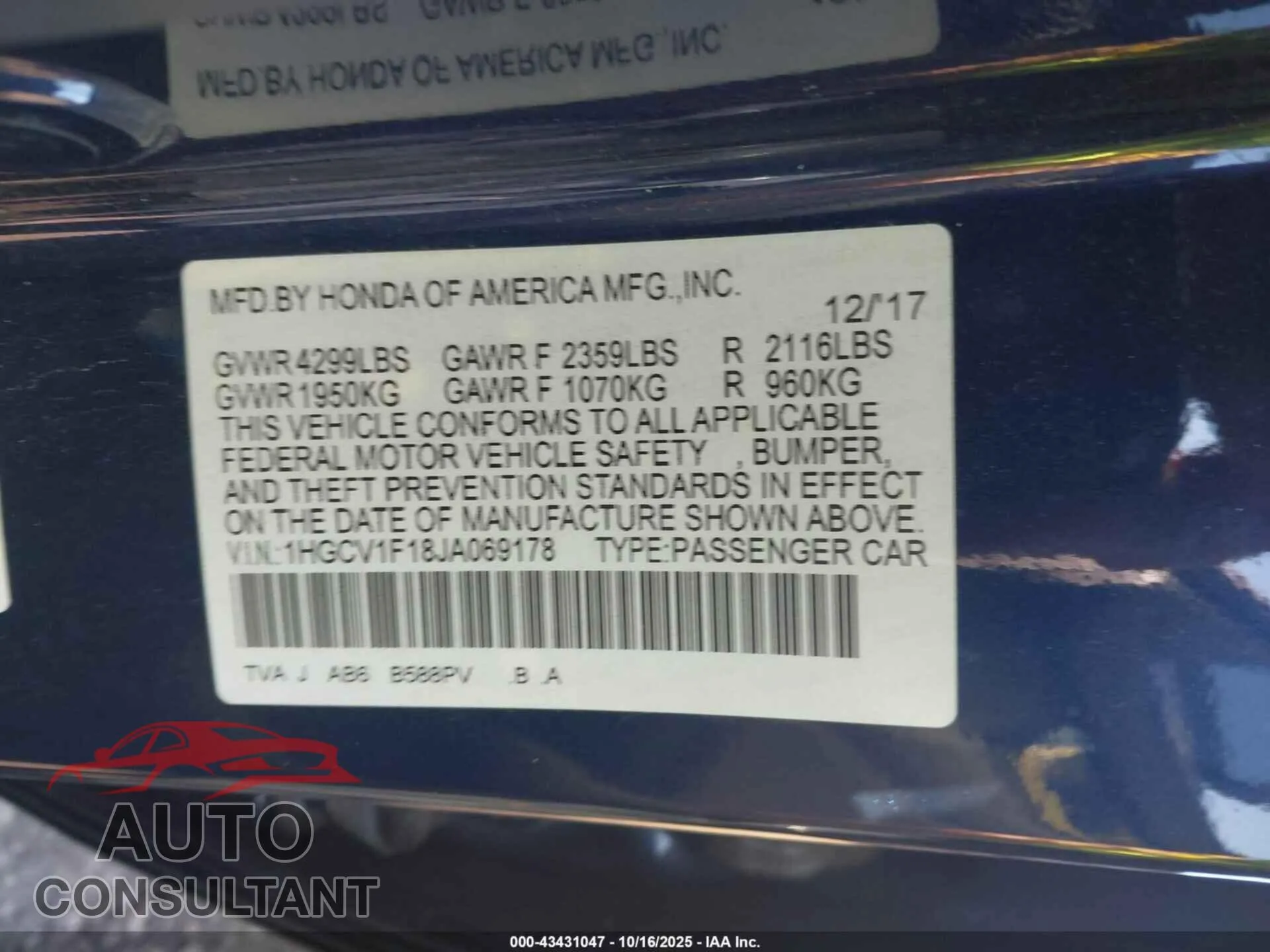 2018 HONDA ACCORD Damaged VIN 1HGCV1F18JA069178 – trunk area