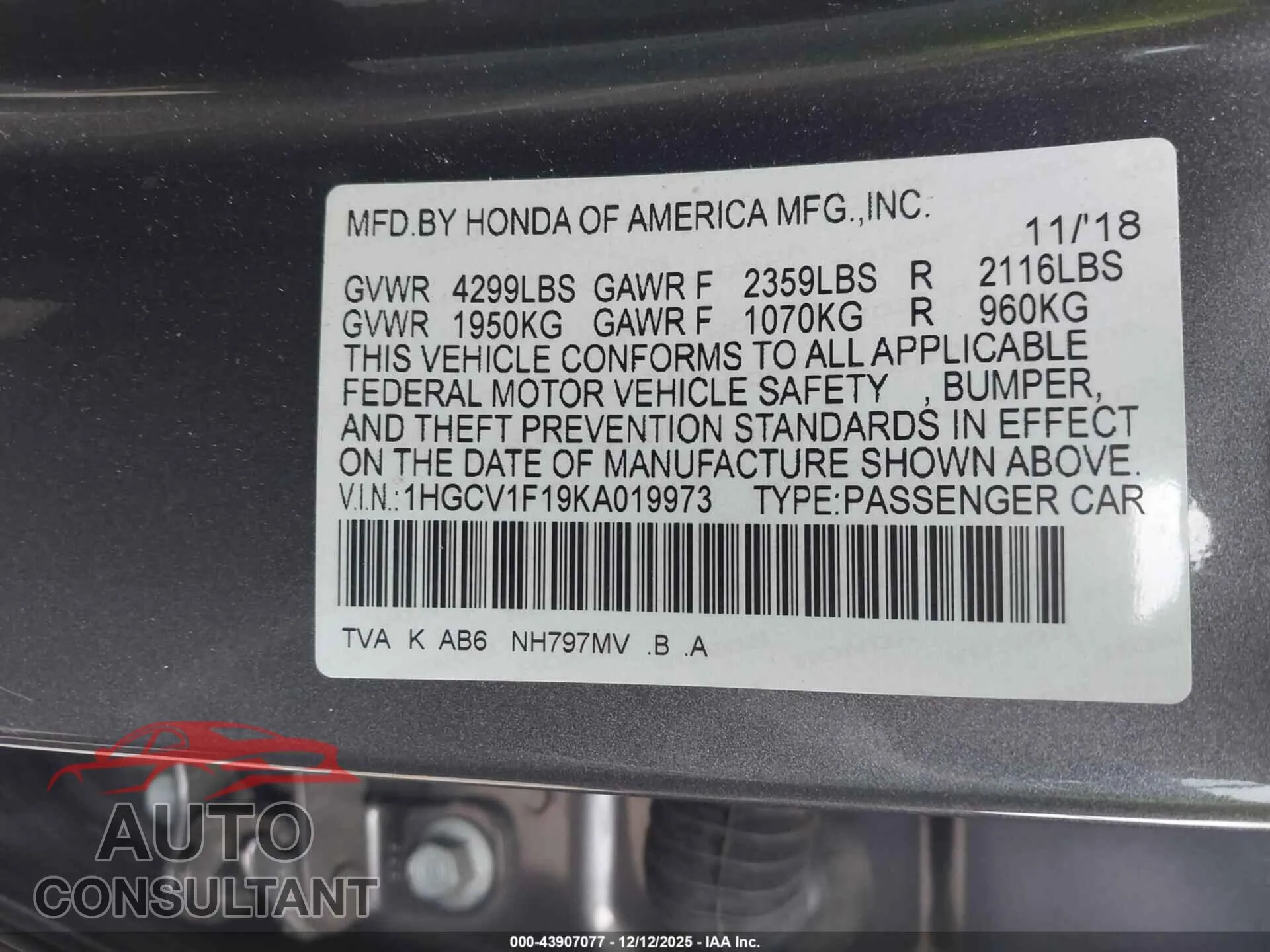 2019 HONDA ACCORD Damaged VIN 1HGCV1F19KA019973 – trunk area