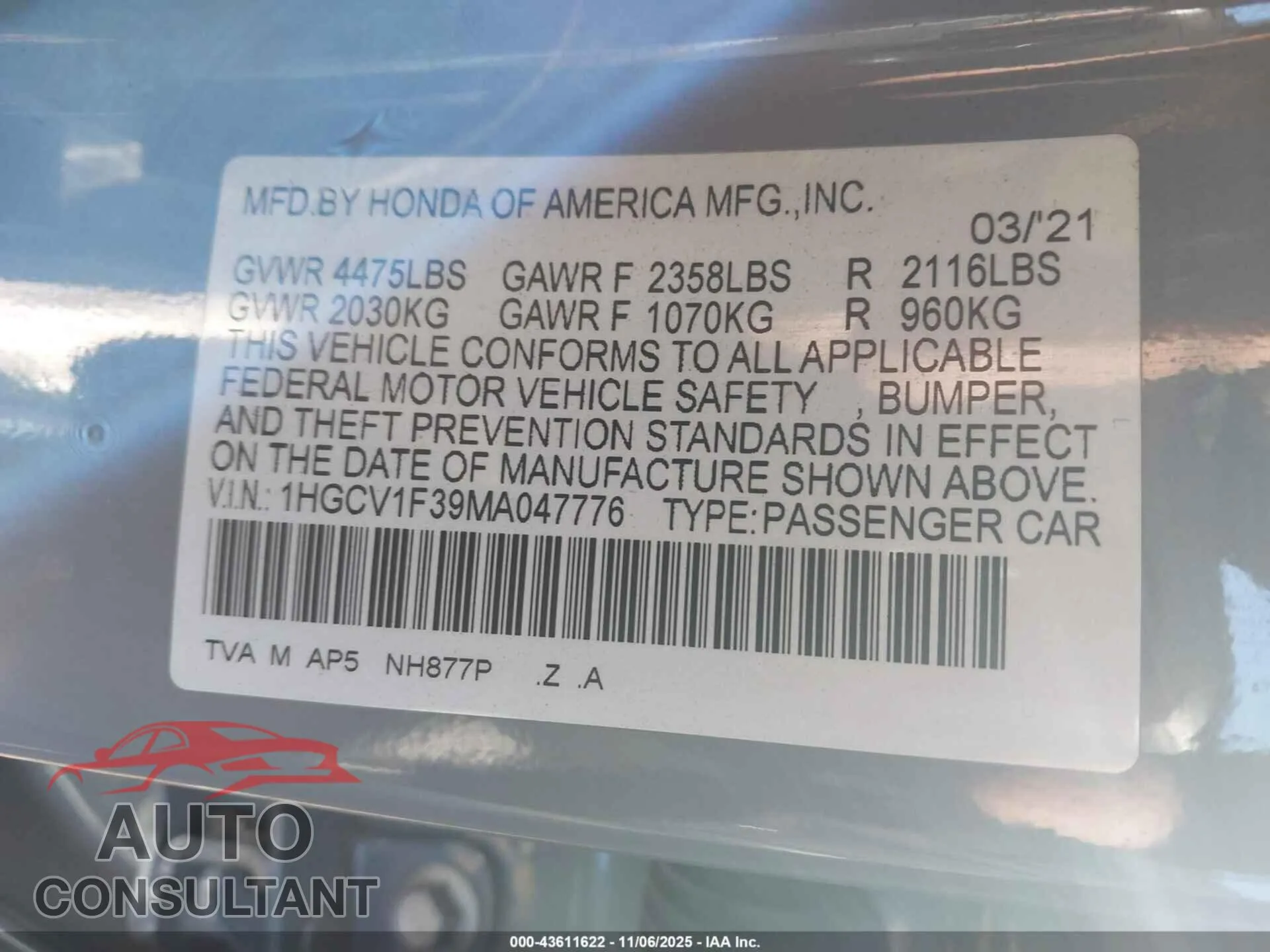 2021 HONDA ACCORD Damaged VIN 1HGCV1F39MA047776 – trunk area