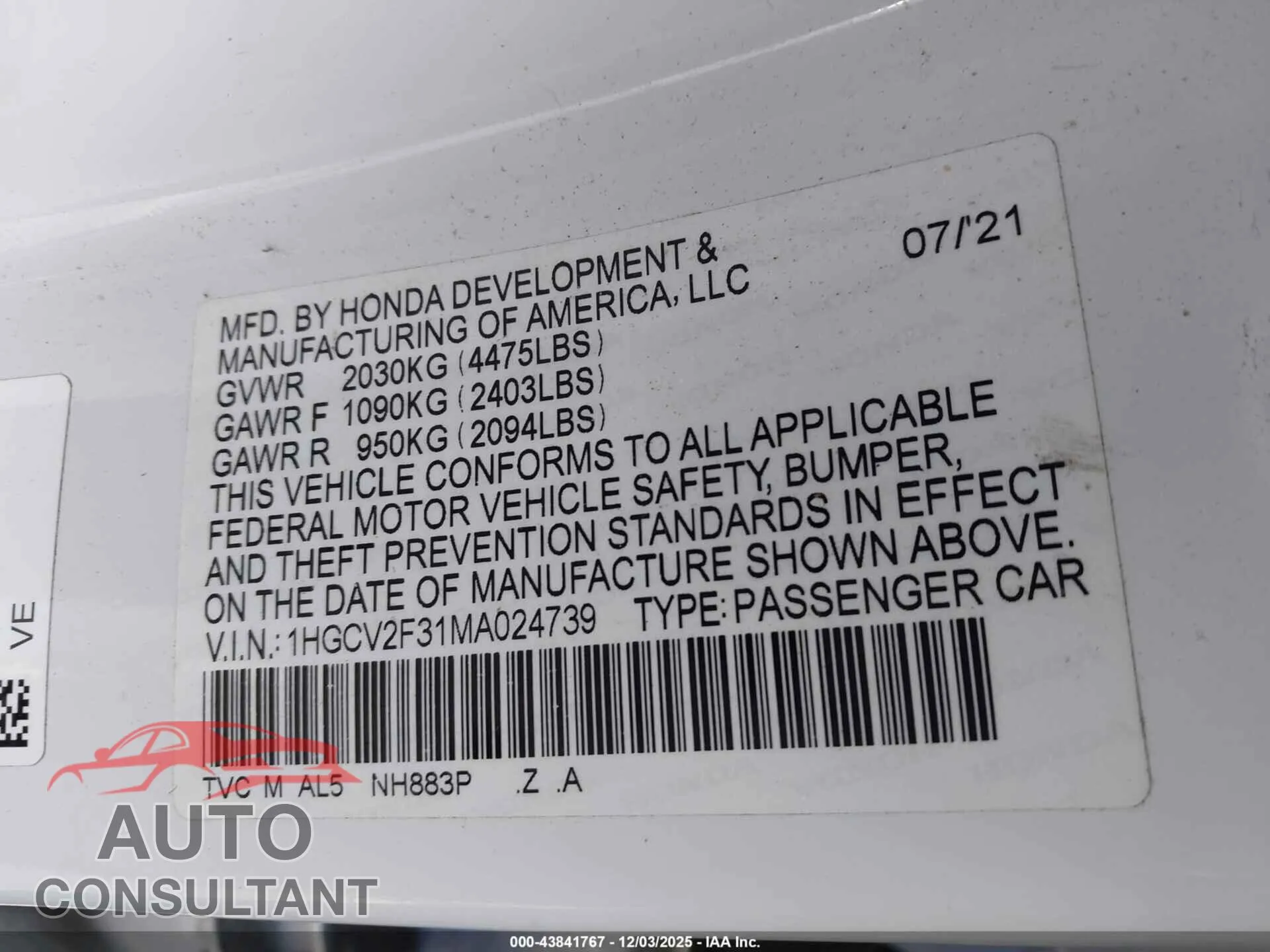 2021 HONDA ACCORD Damaged VIN 1HGCV2F31MA024739 – trunk area