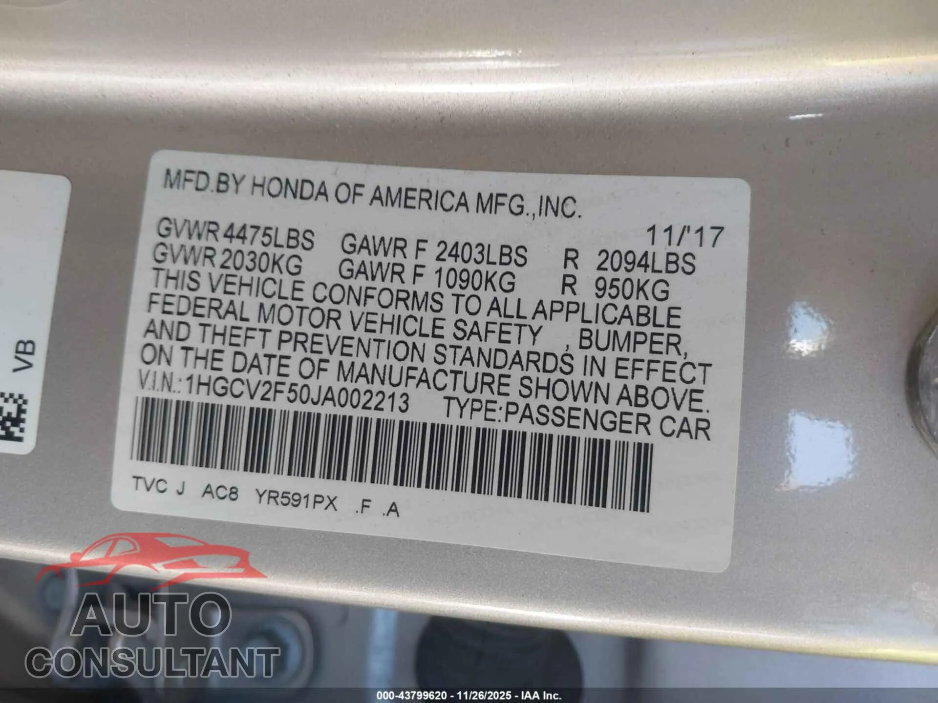 2018 HONDA ACCORD Damaged VIN 1HGCV2F50JA002213 – trunk area