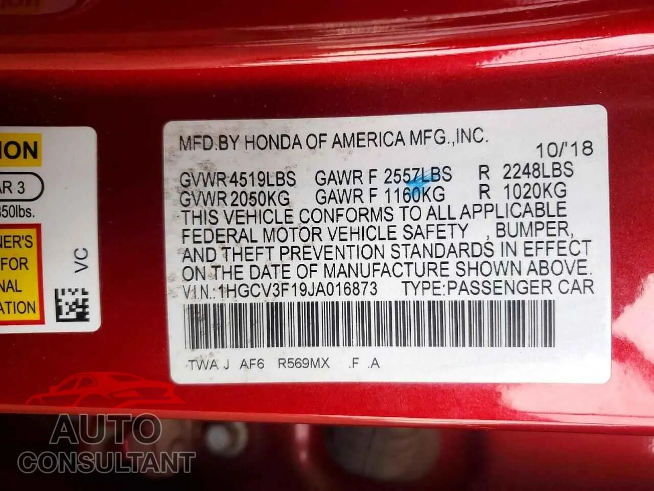 2018 HONDA ACCORD Damaged VIN 1HGCV3F19JA016873 – photo 13