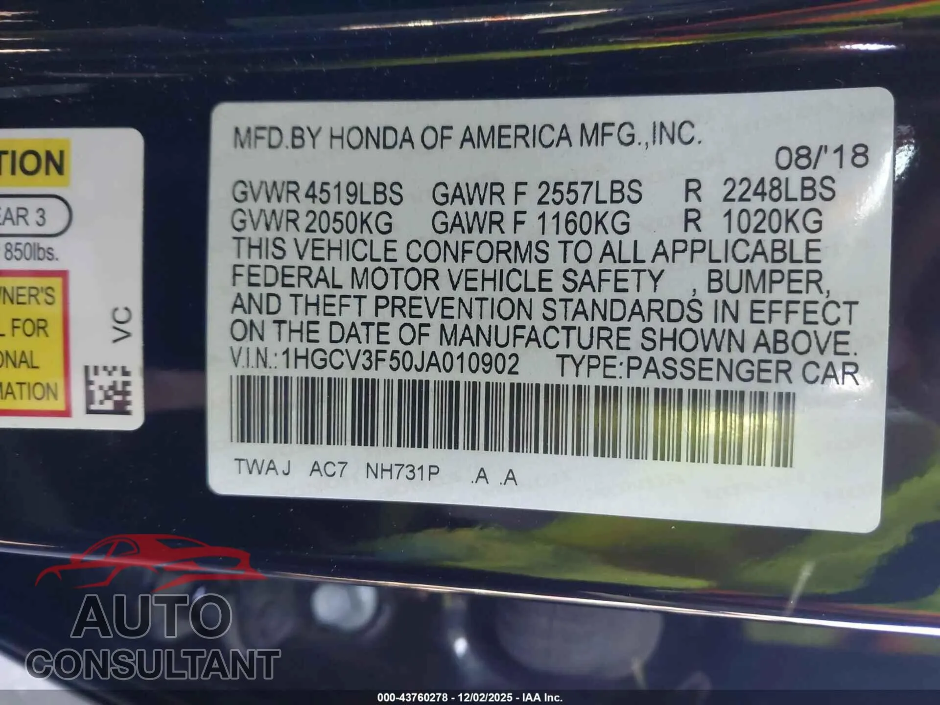 2018 HONDA ACCORD HYBRID Damaged VIN 1HGCV3F50JA010902 – trunk area