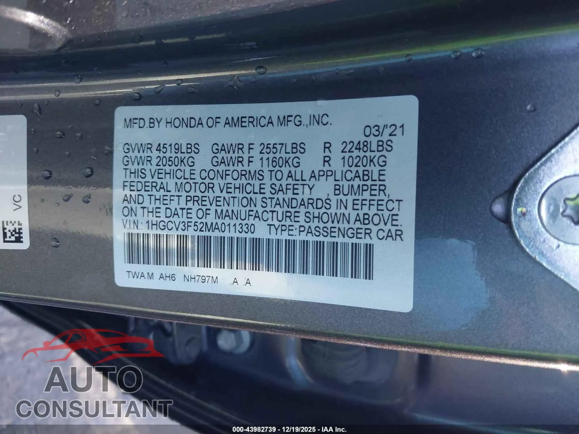 2021 HONDA ACCORD HYBRID Damaged VIN 1HGCV3F52MA011330 – trunk area