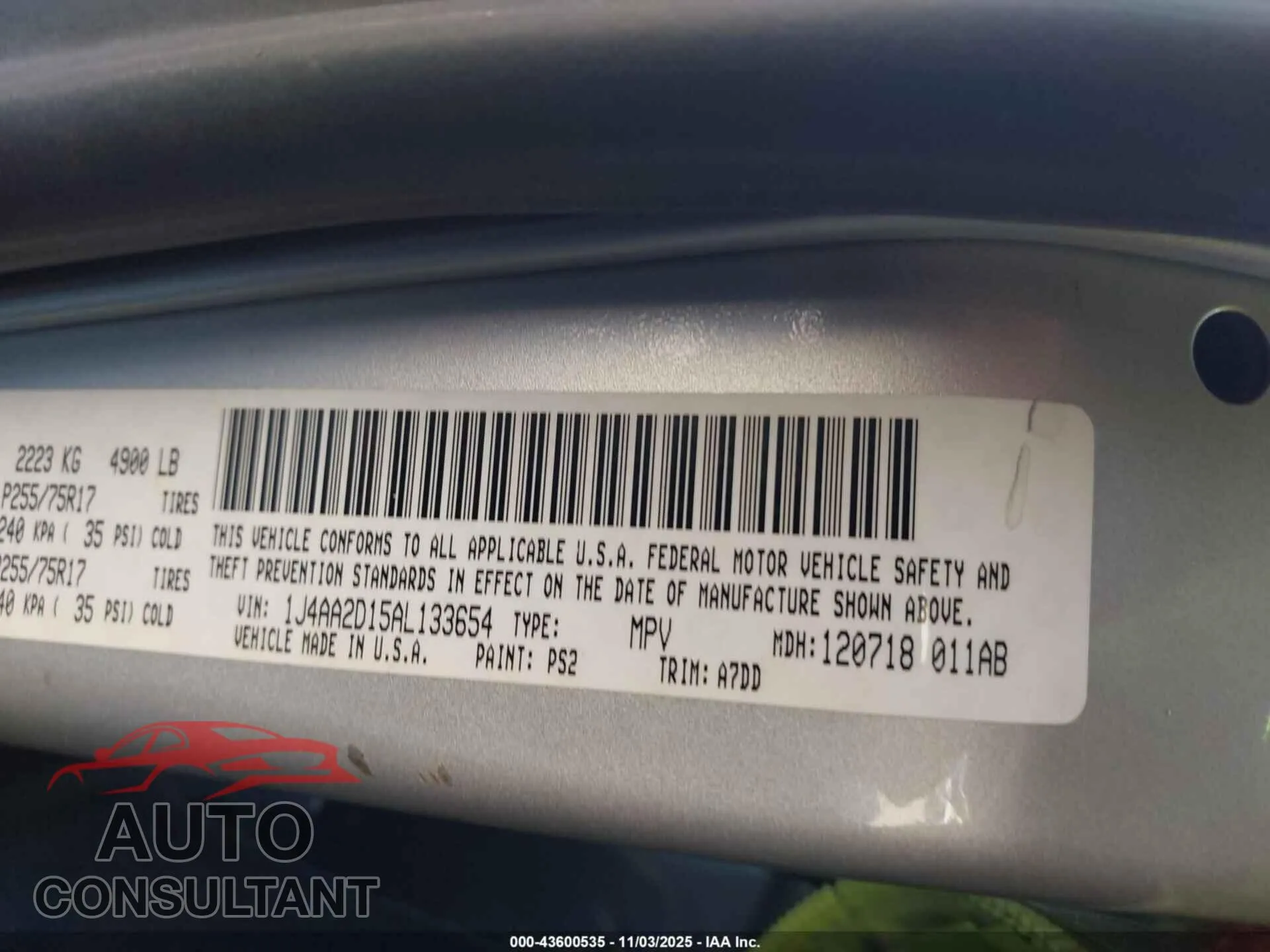2010 JEEP WRANGLER Damaged VIN 1J4AA2D15AL133654 – trunk area