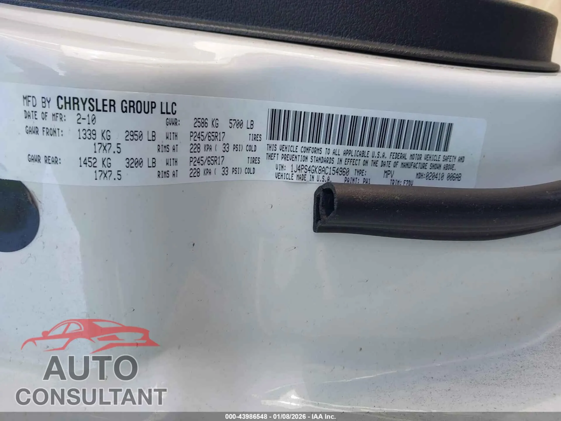 2010 JEEP GRAND CHEROKEE Damaged VIN 1J4PS4GK8AC154960 – trunk area