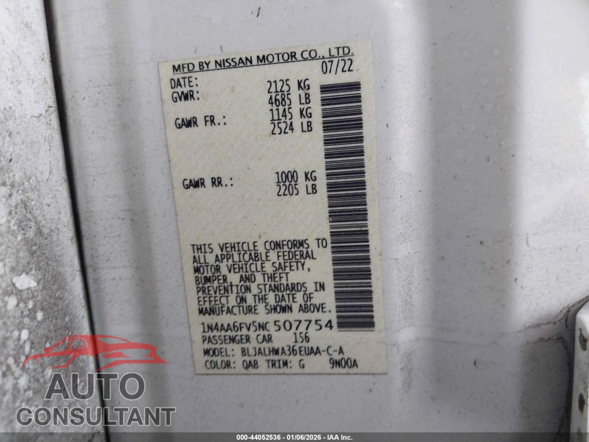 2022 NISSAN MAXIMA Damaged VIN 1N4AA6FV5NC507754 – trunk area