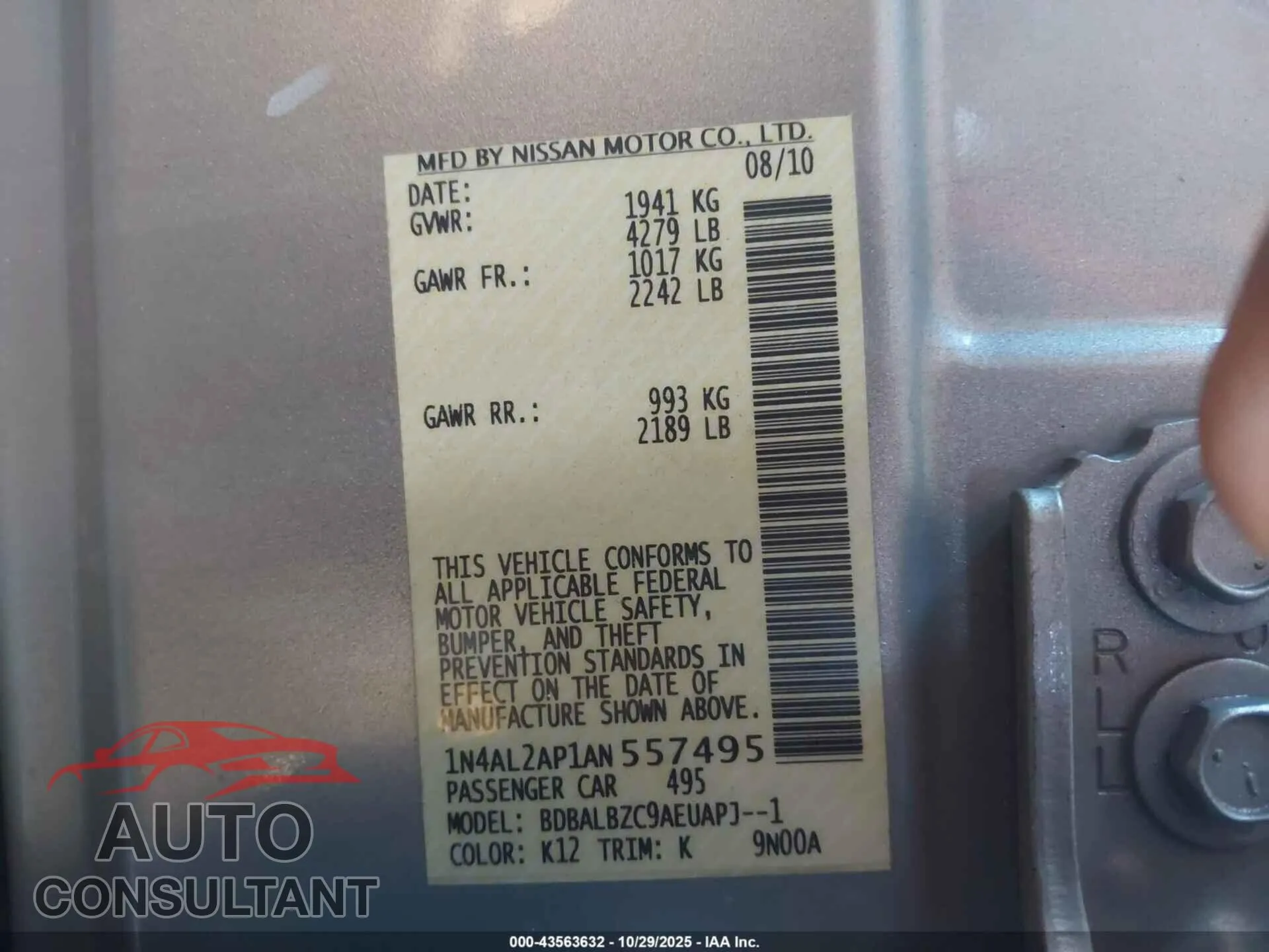 2010 NISSAN ALTIMA Damaged VIN 1N4AL2AP1AN557495 – trunk area