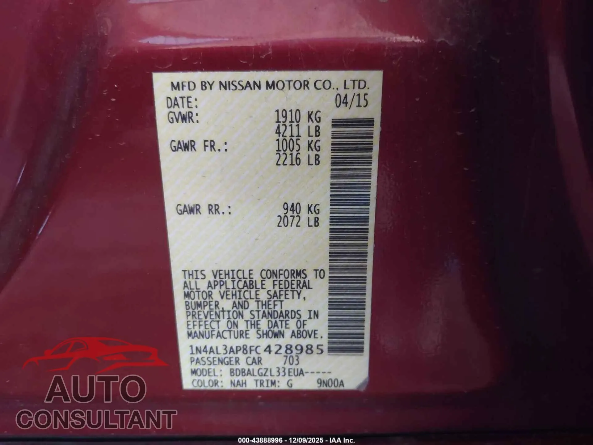 2015 NISSAN ALTIMA Damaged VIN 1N4AL3AP8FC428985 – trunk area