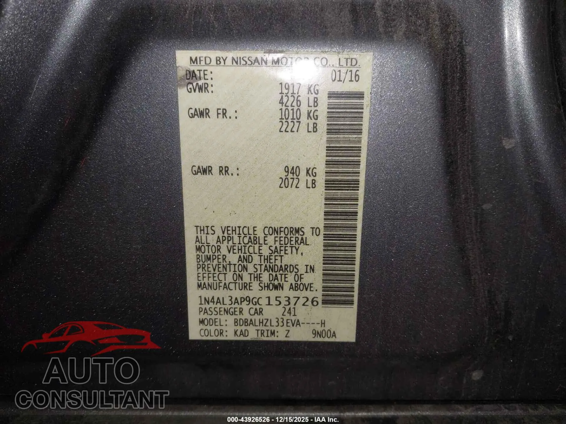 2016 NISSAN ALTIMA Damaged VIN 1N4AL3AP9GC153726 – trunk area