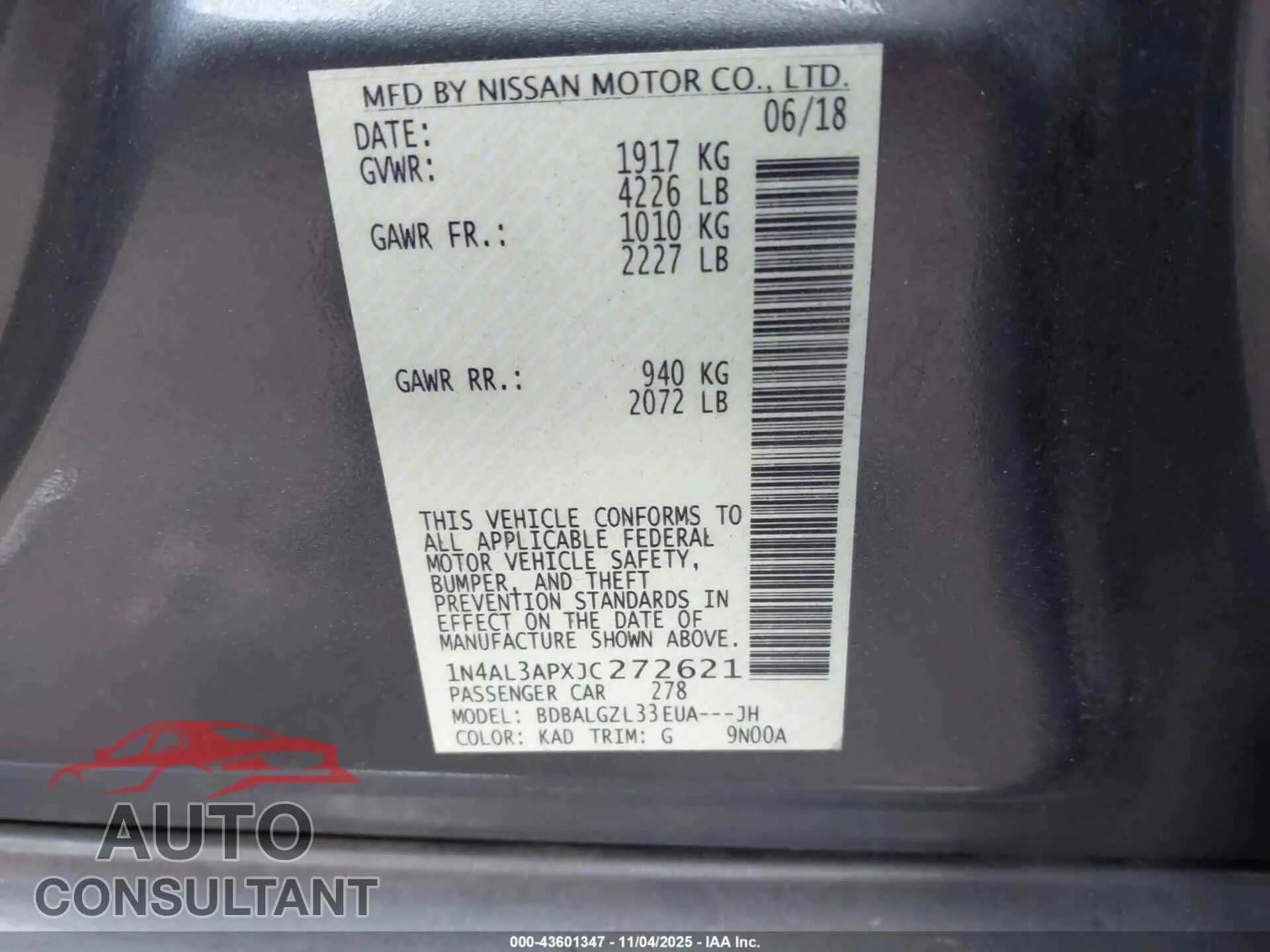 2018 NISSAN ALTIMA Damaged VIN 1N4AL3APXJC272621 – trunk area