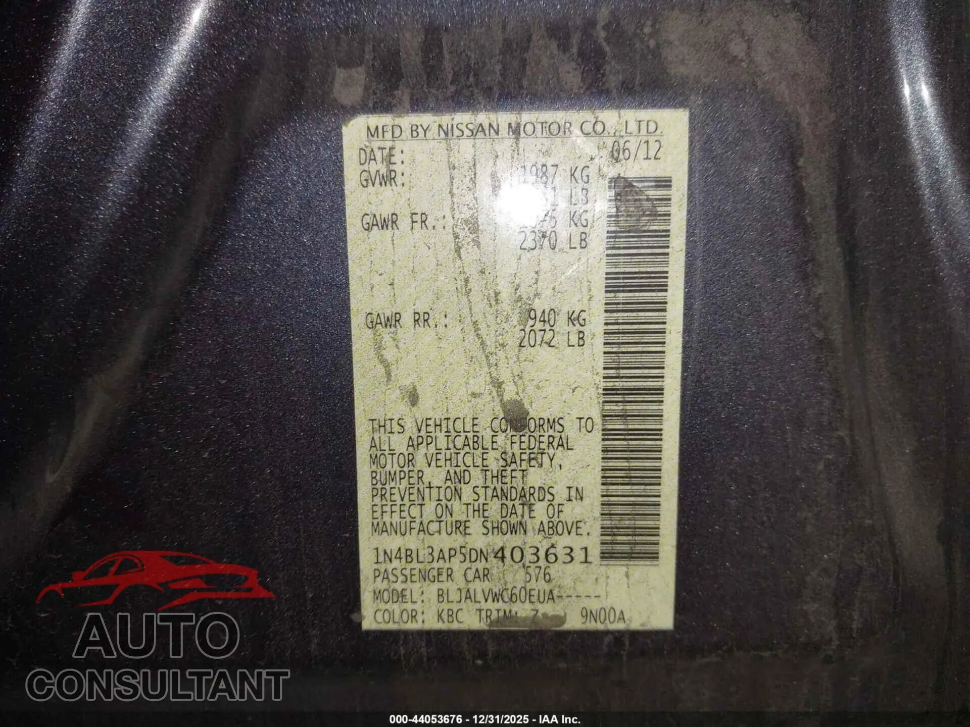 2013 NISSAN ALTIMA Damaged VIN 1N4BL3AP5DN403631 – trunk area