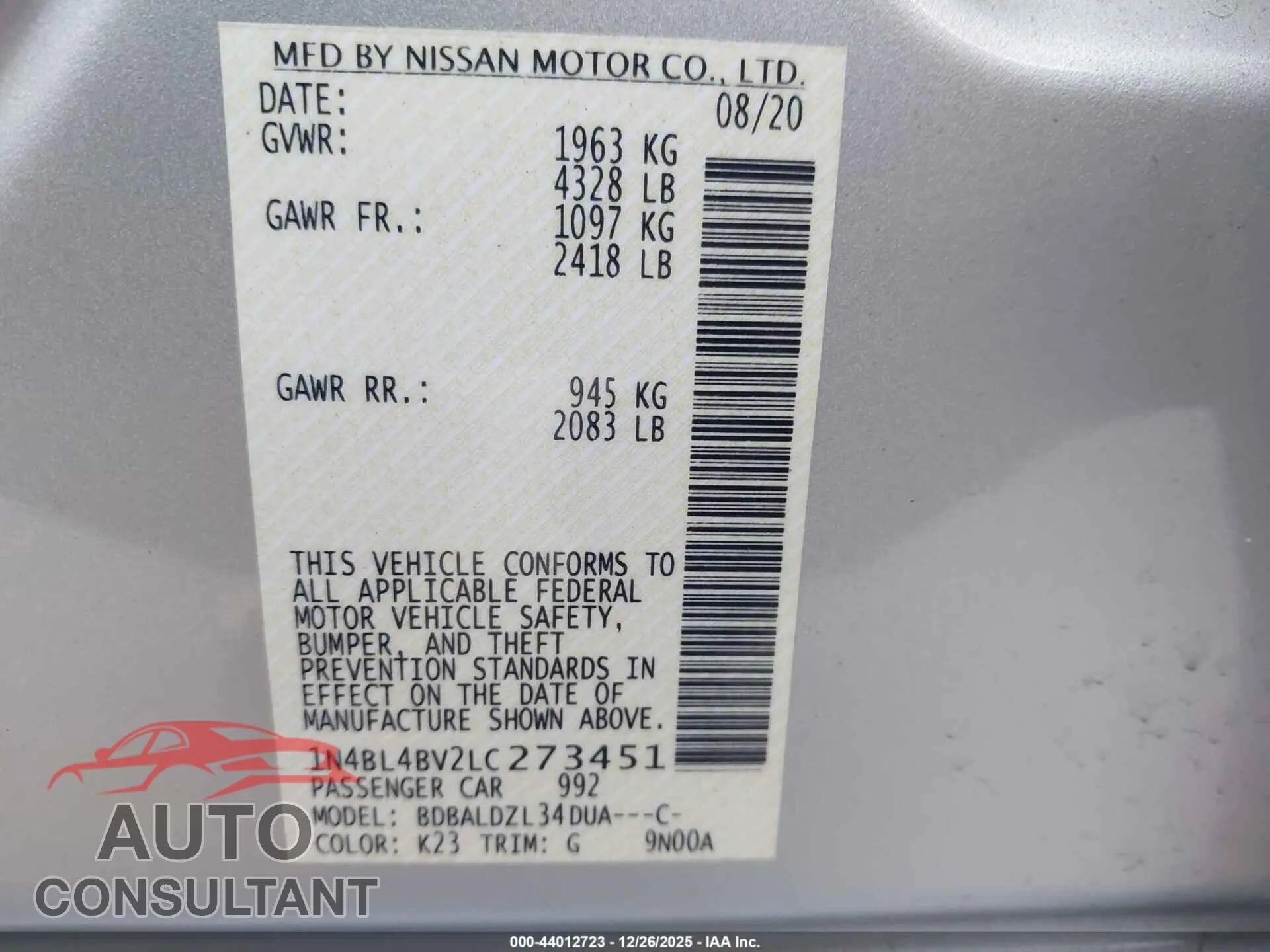 2020 NISSAN ALTIMA Damaged VIN 1N4BL4BV2LC273451 – trunk area