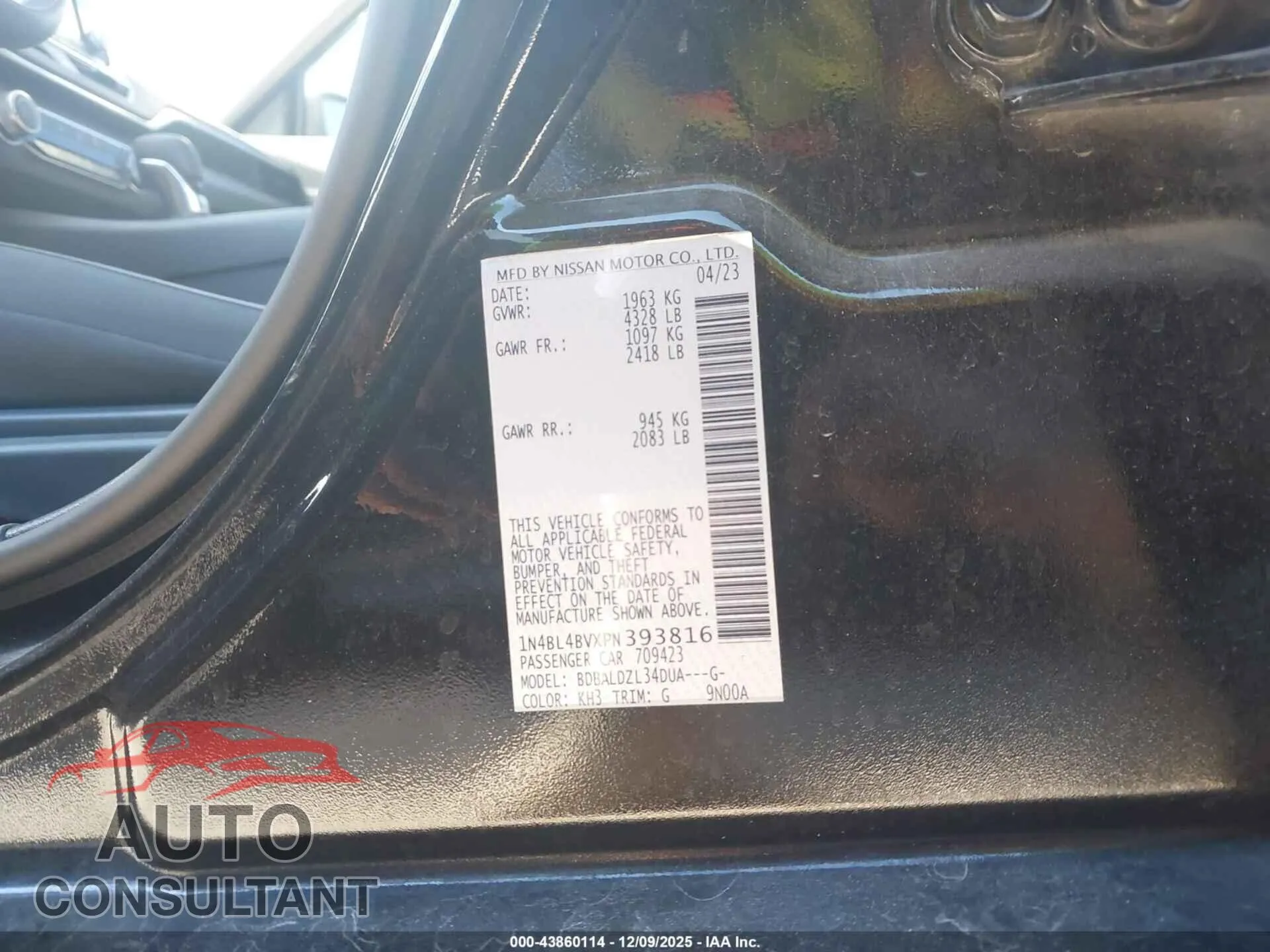 2023 NISSAN ALTIMA Damaged VIN 1N4BL4BVXPN393816 – trunk area