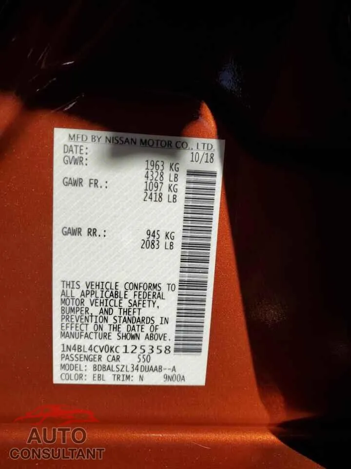 2019 NISSAN ALTIMA Damaged VIN 1N4BL4CV0KC125358 – photo 12