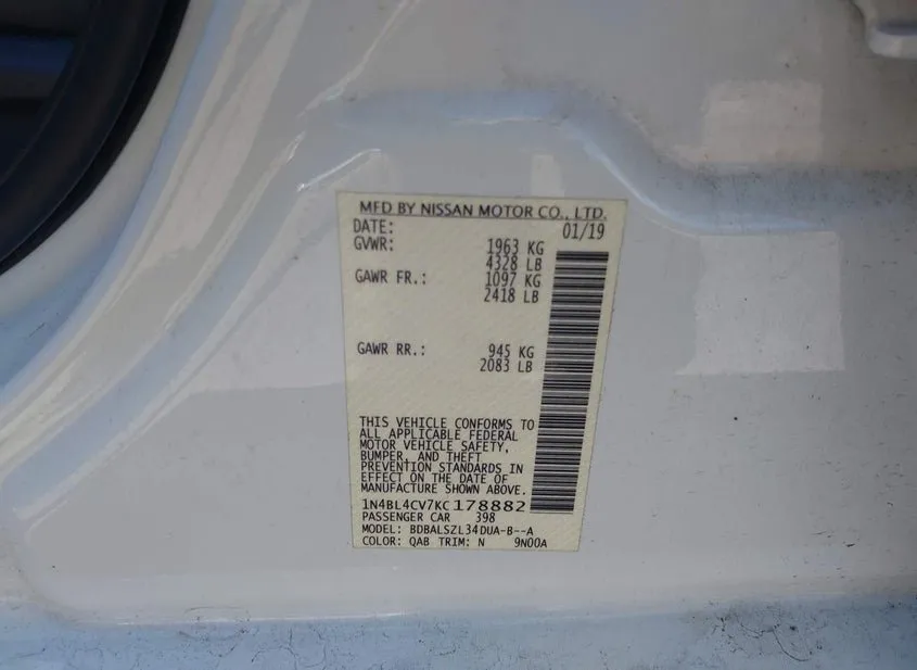 2019 NISSAN Altima Used VIN 1N4BL4CV7KC178882 – engine bay
