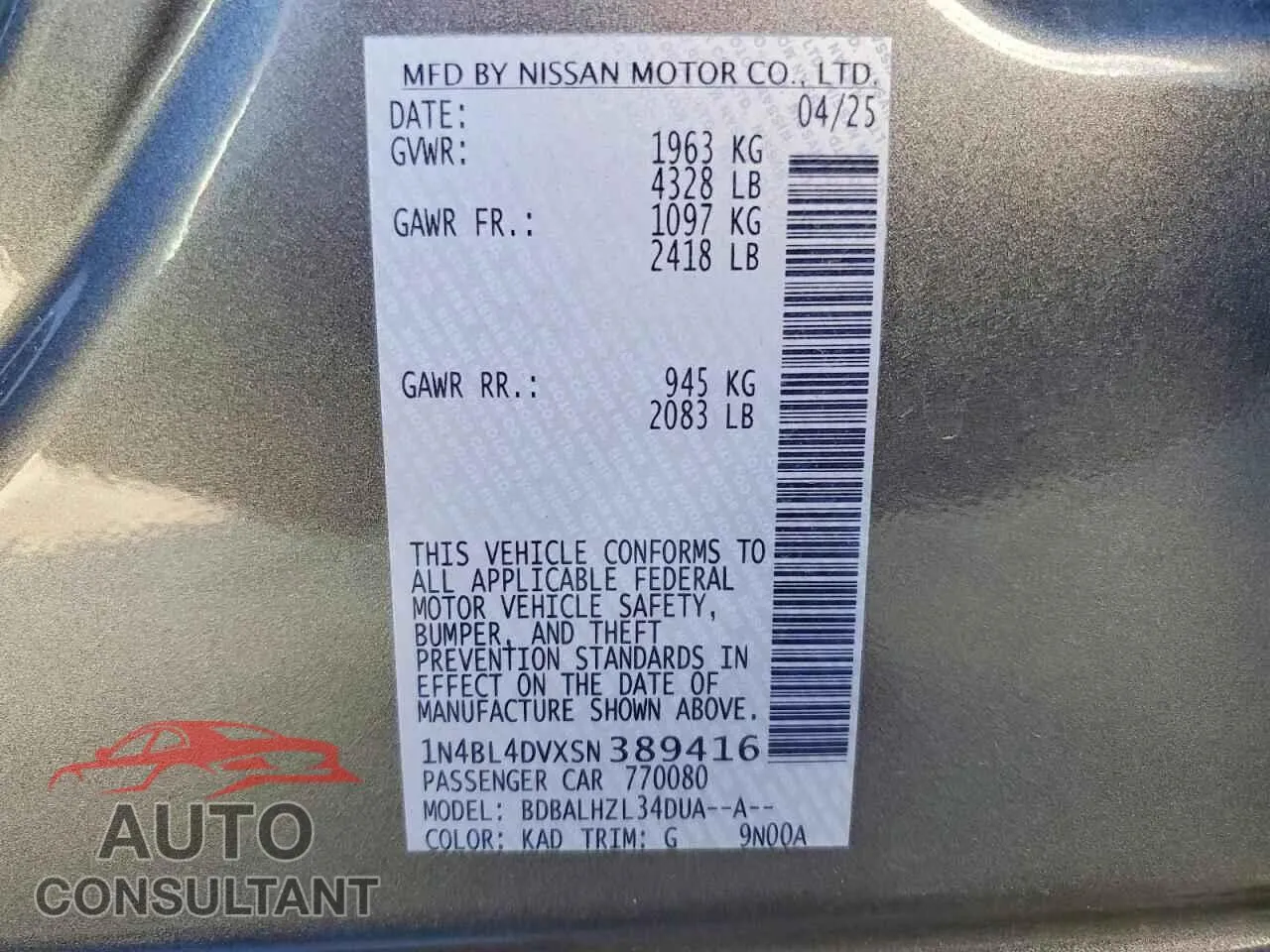 2025 NISSAN ALTIMA Damaged VIN 1N4BL4DVXSN389416 – photo 12