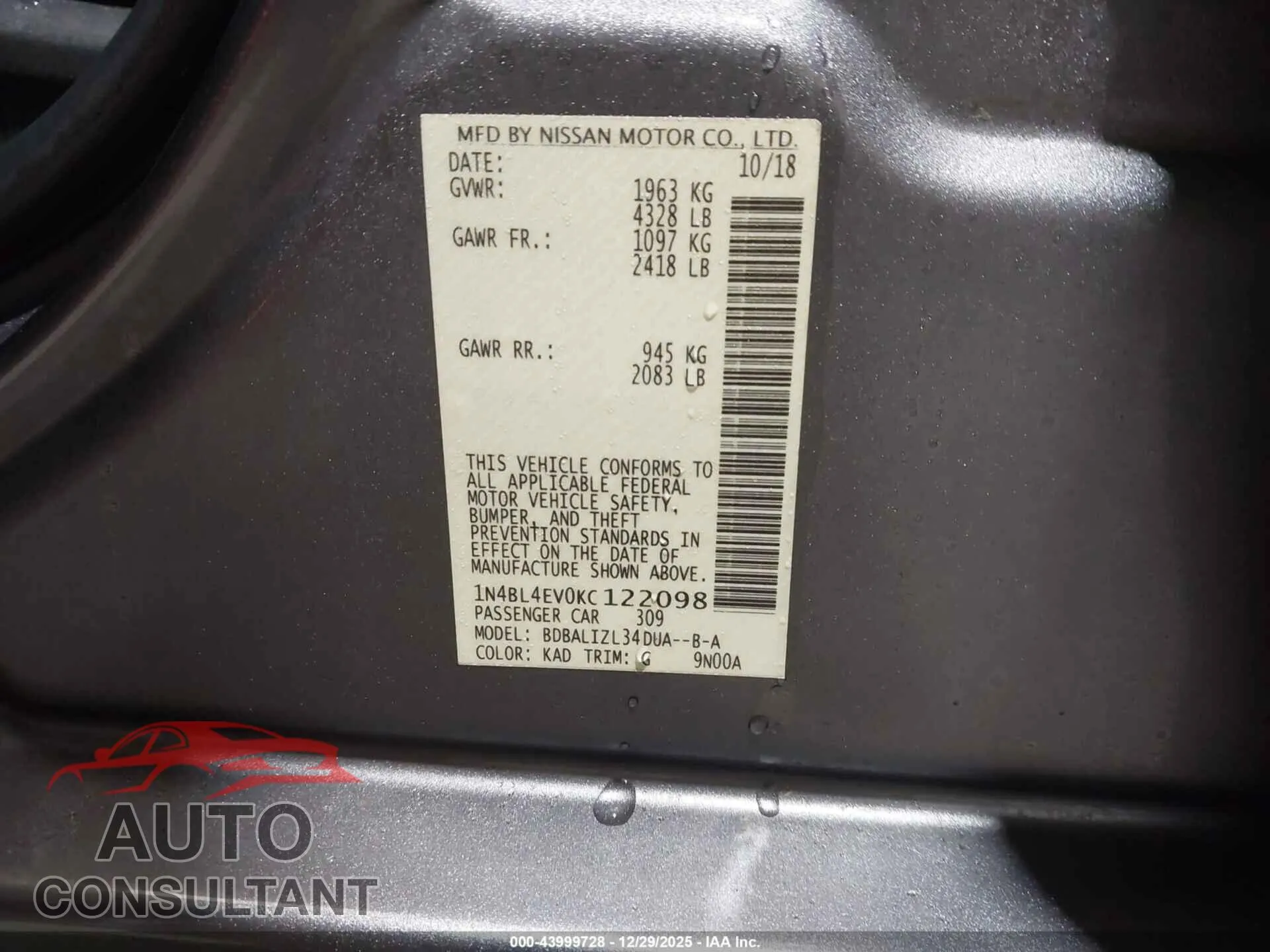 2019 NISSAN ALTIMA Damaged VIN 1N4BL4EV0KC122098 – trunk area