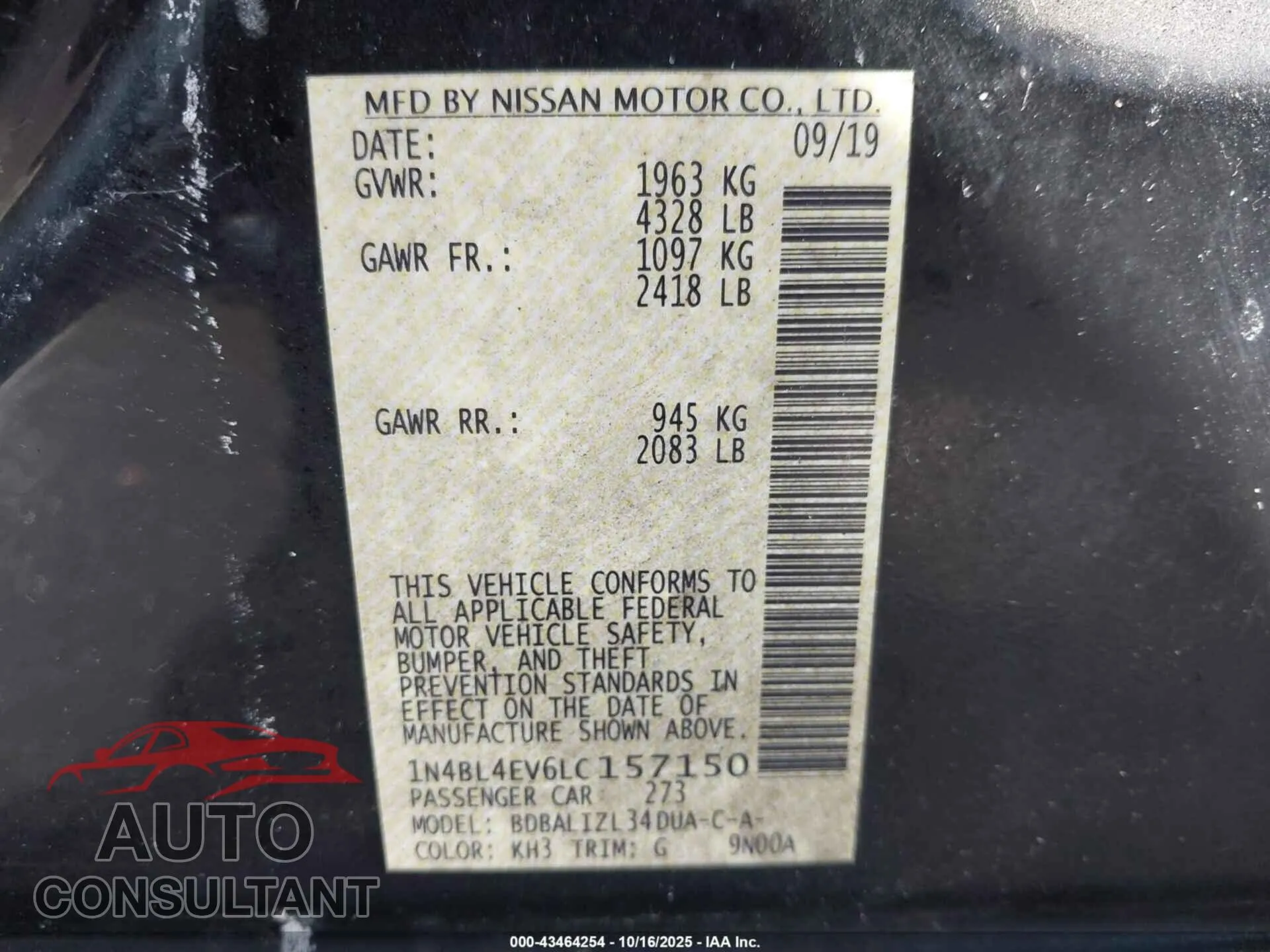 2020 NISSAN ALTIMA Damaged VIN 1N4BL4EV6LC157150 – trunk area