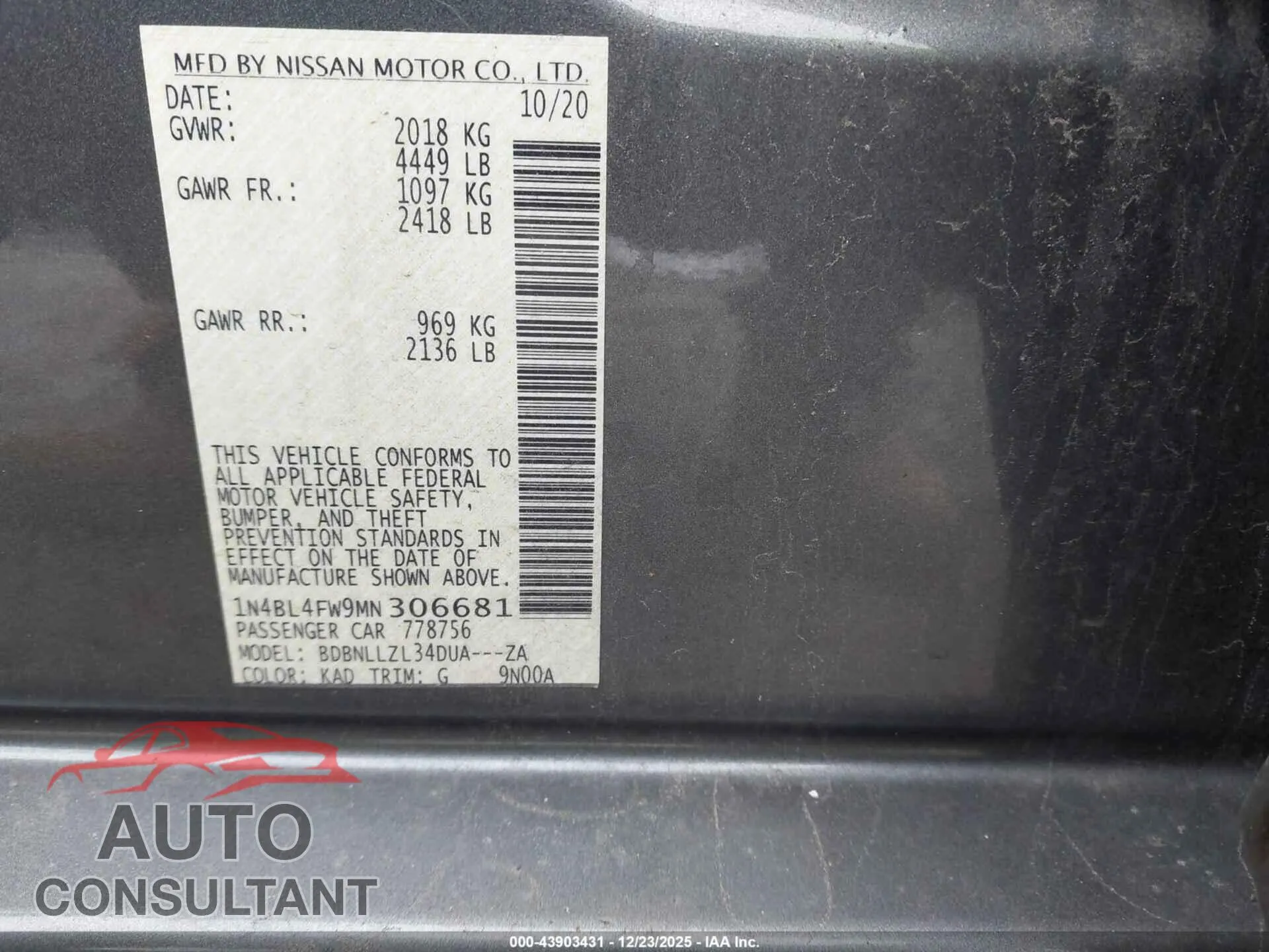 2021 NISSAN ALTIMA Damaged VIN 1N4BL4FW9MN306681 – trunk area