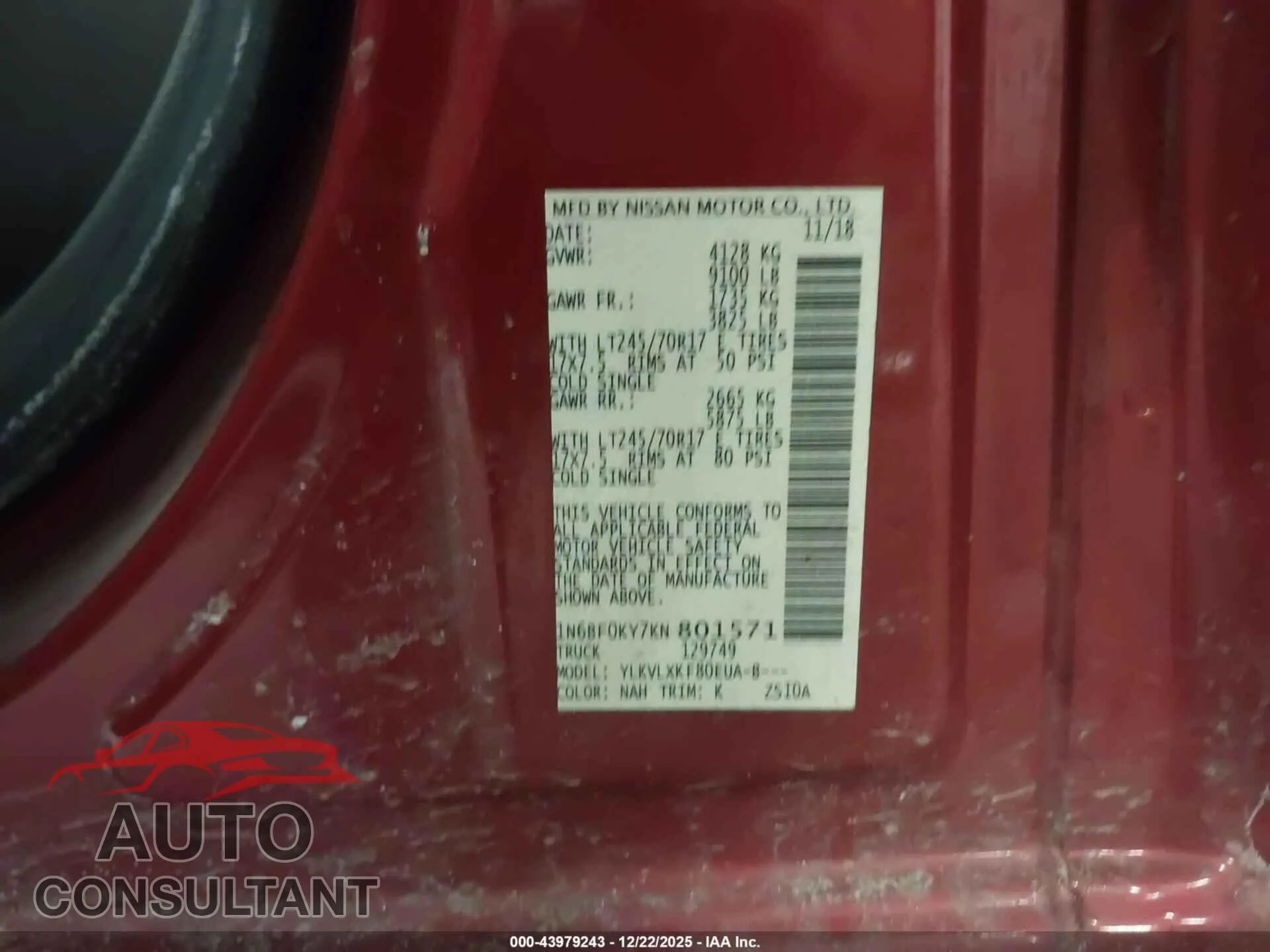 2019 NISSAN NV CARGO NV2500 HD Damaged VIN 1N6BF0KY7KN801571 – trunk area