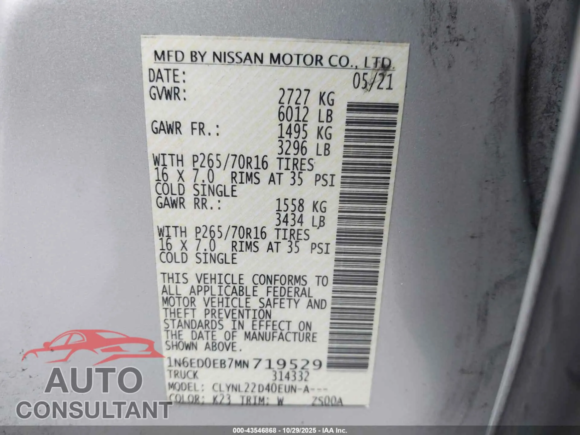 2021 NISSAN FRONTIER Damaged VIN 1N6ED0EB7MN719529 – trunk area