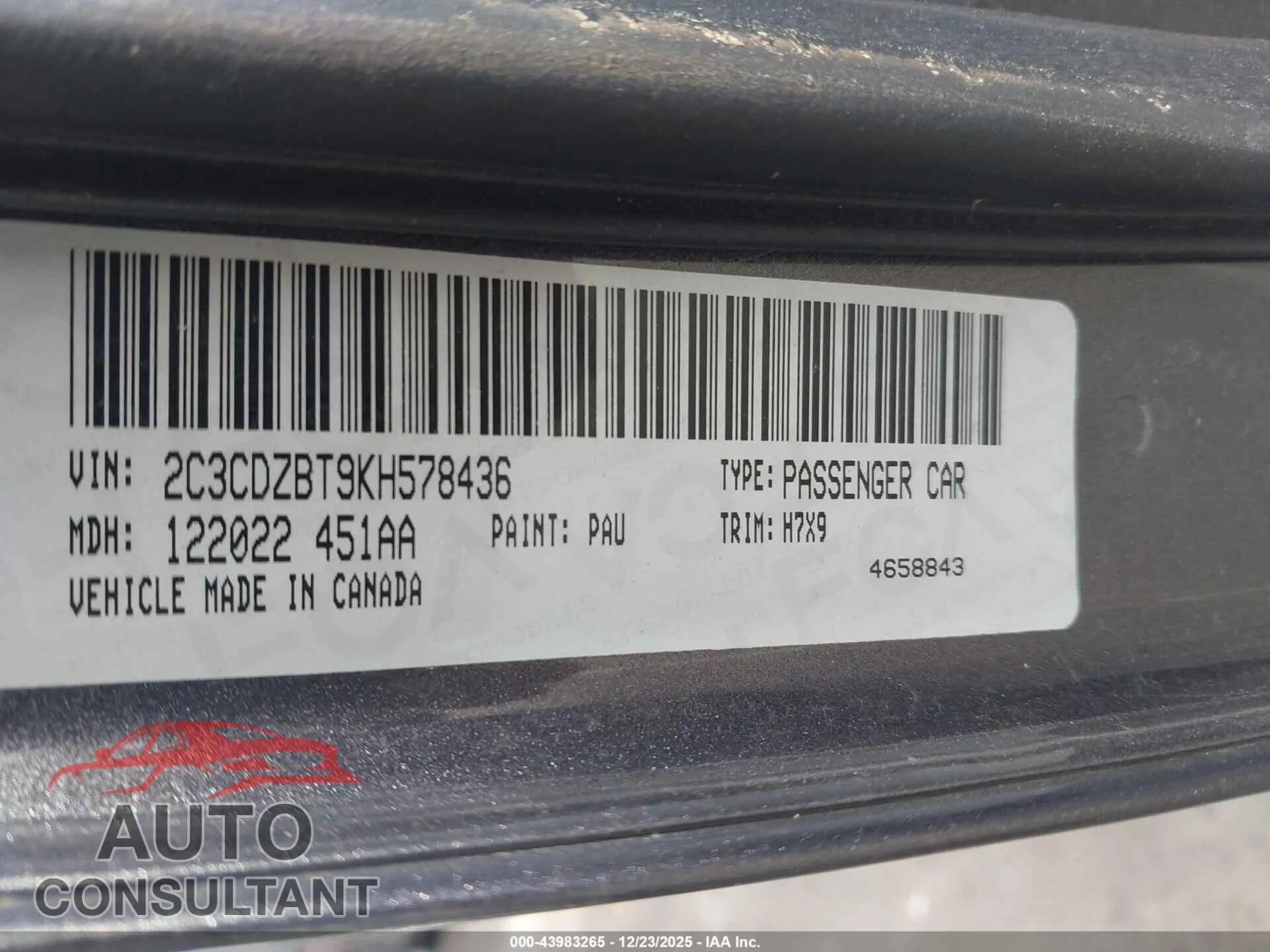2019 DODGE CHALLENGER Damaged VIN 2C3CDZBT9KH578436 – trunk area