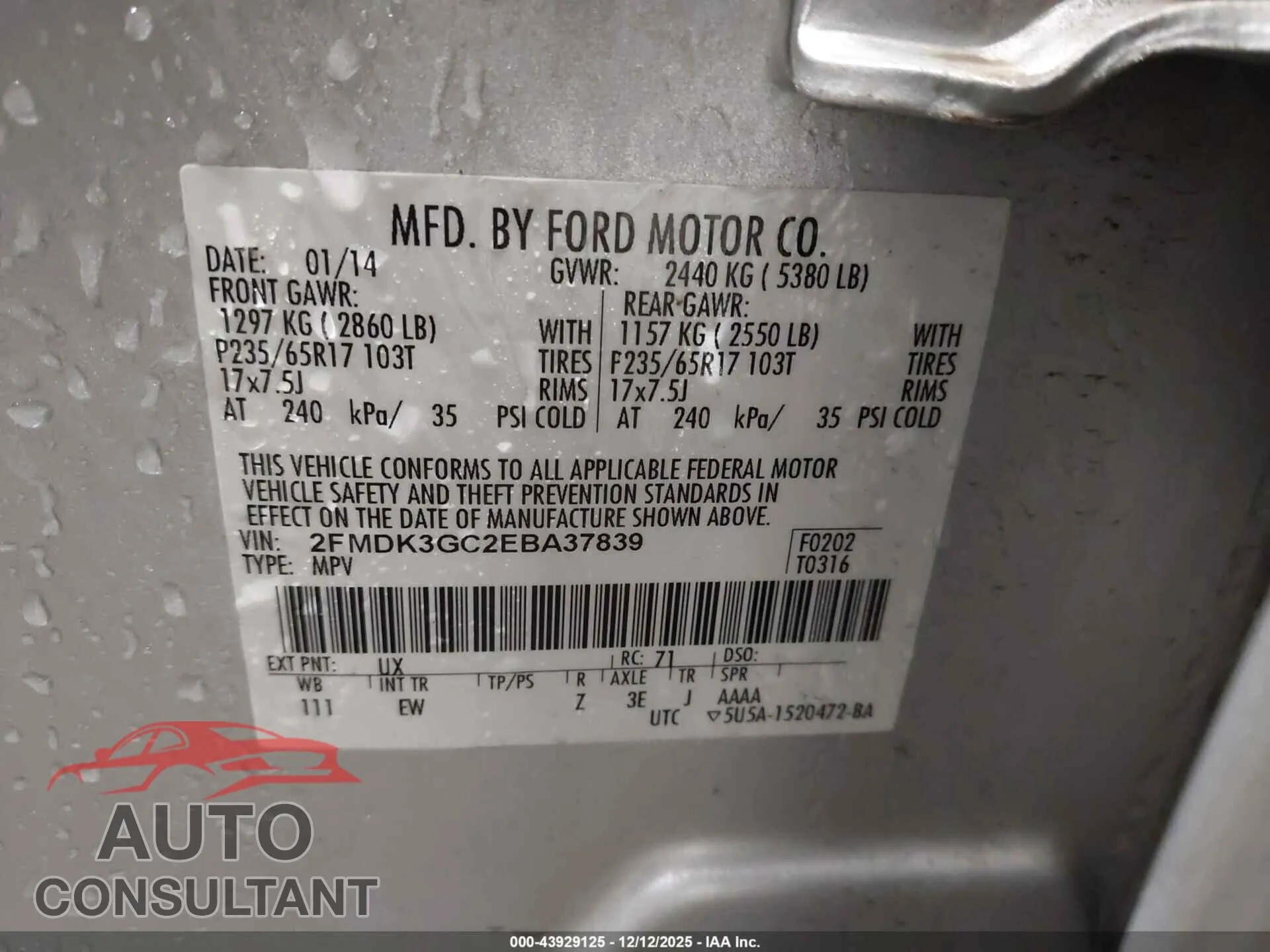 2014 FORD EDGE Damaged VIN 2FMDK3GC2EBA37839 – trunk area