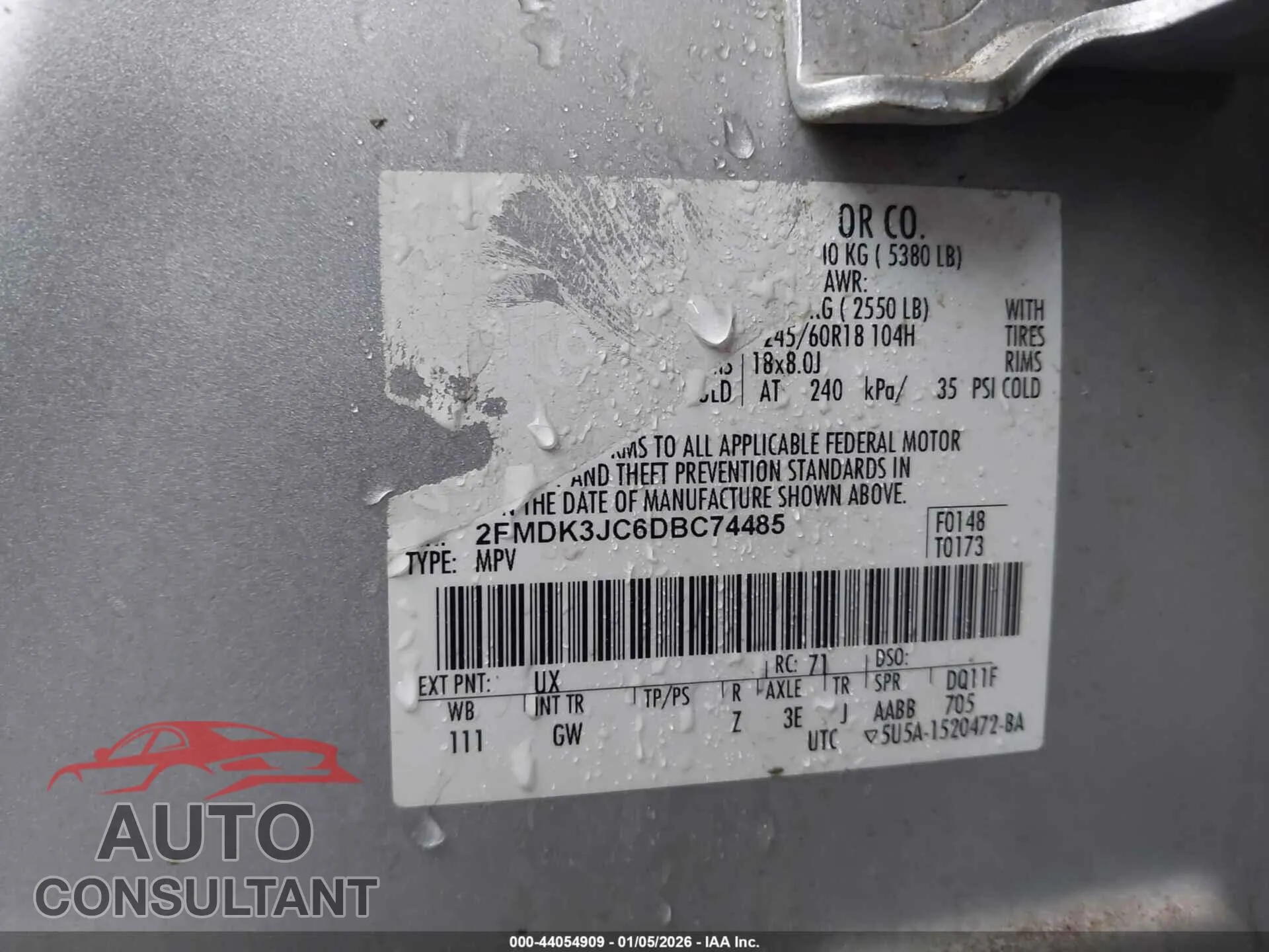 2013 FORD EDGE Damaged VIN 2FMDK3JC6DBC74485 – trunk area