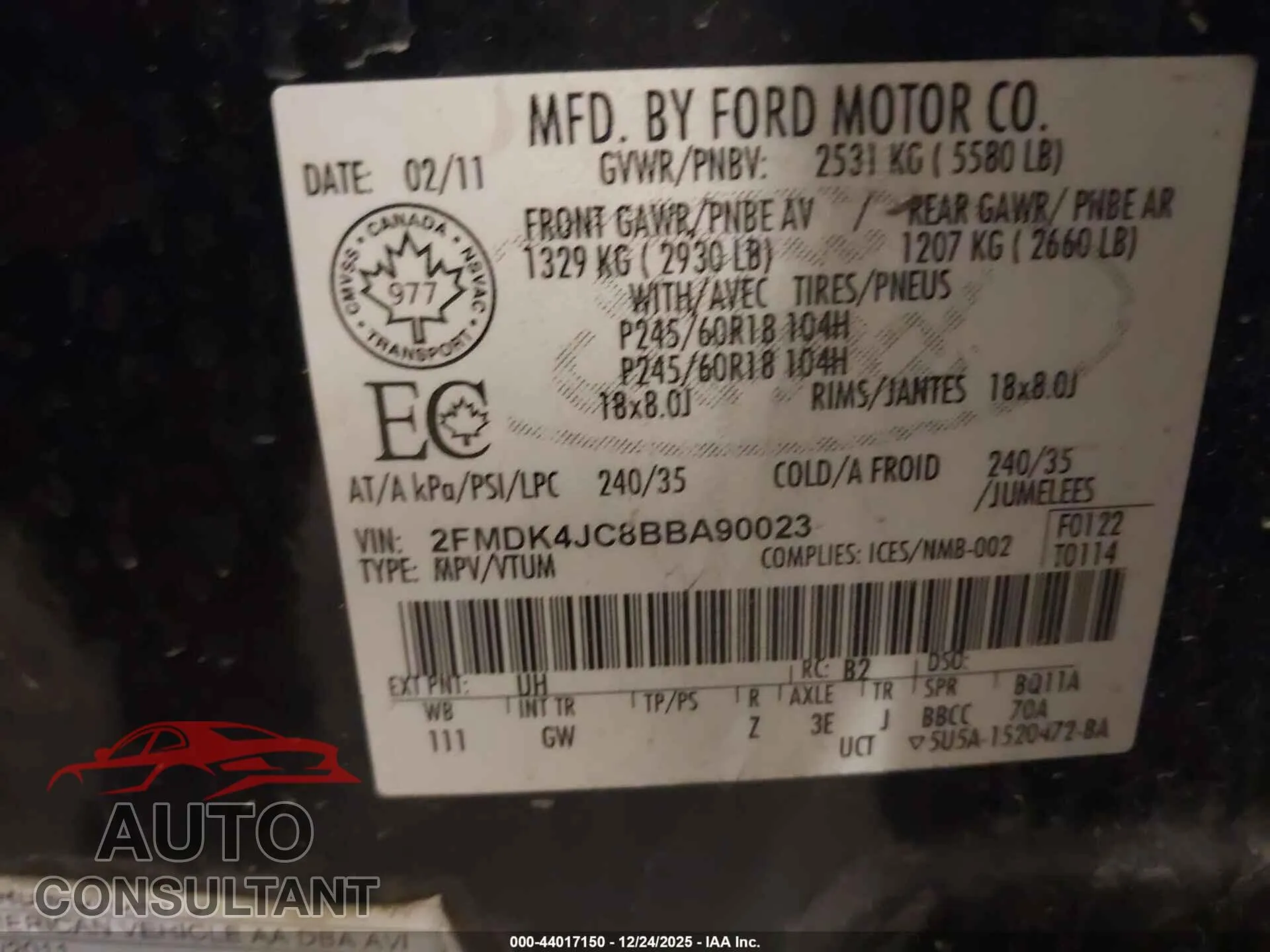 2011 FORD EDGE Damaged VIN 2FMDK4JC8BBA90023 – trunk area