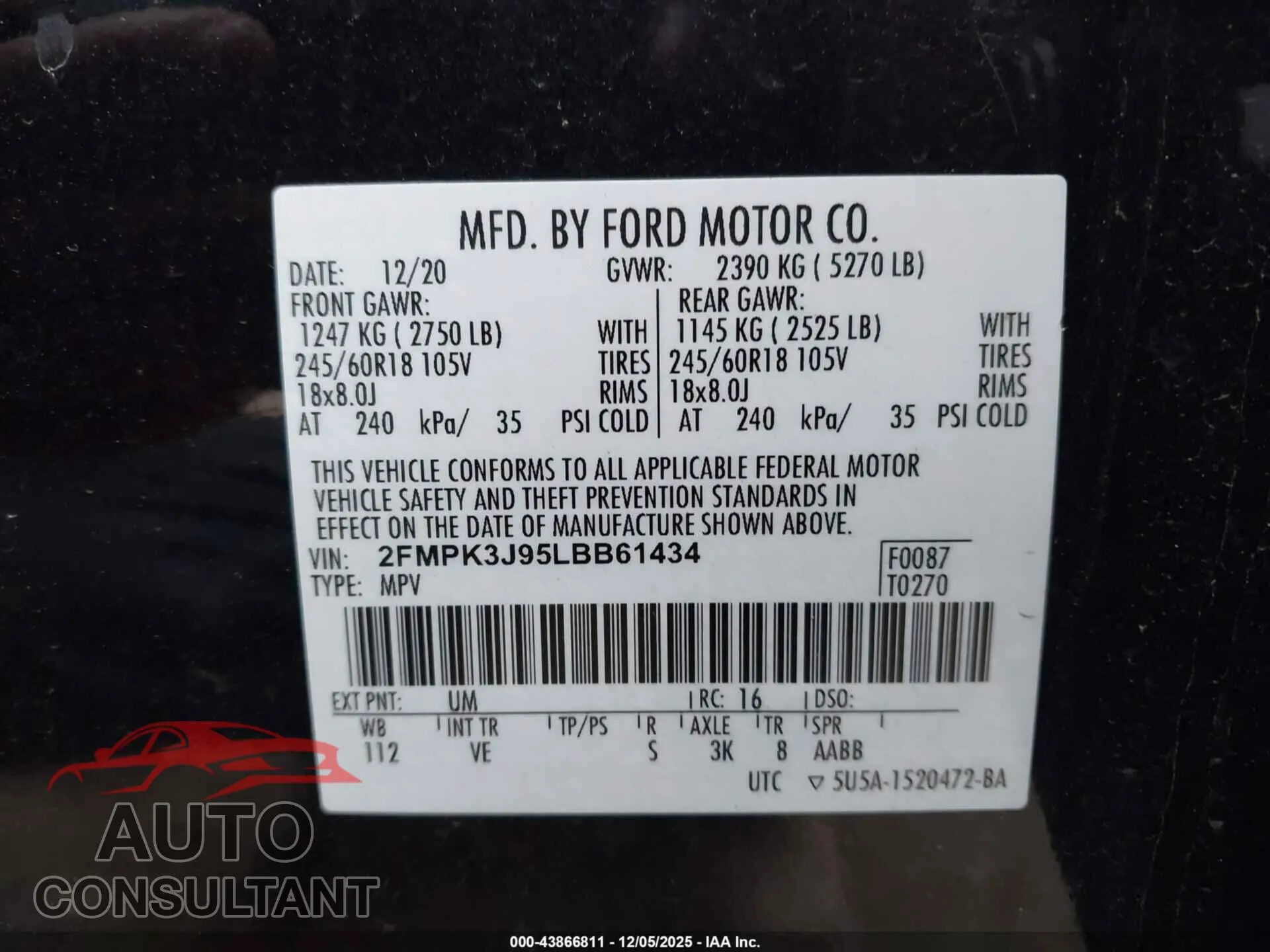 2020 FORD EDGE Damaged VIN 2FMPK3J95LBB61434 – trunk area
