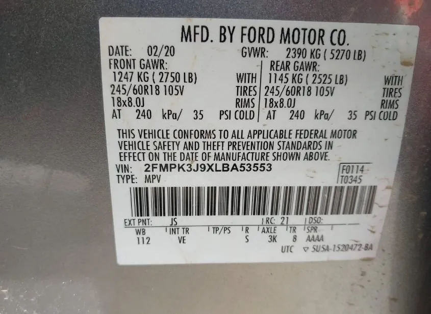 2020 FORD Edge Used VIN 2FMPK3J9XLBA53553 – trunk area