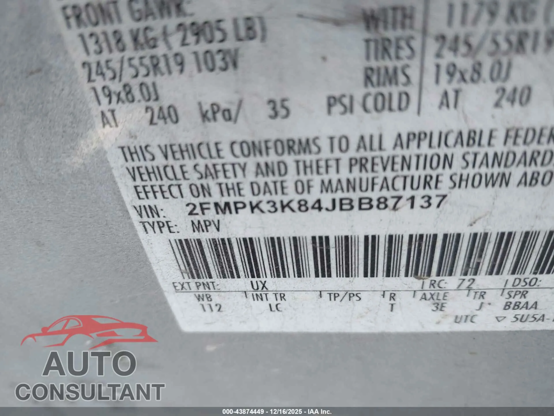 2018 FORD EDGE Damaged VIN 2FMPK3K84JBB87137 – trunk area