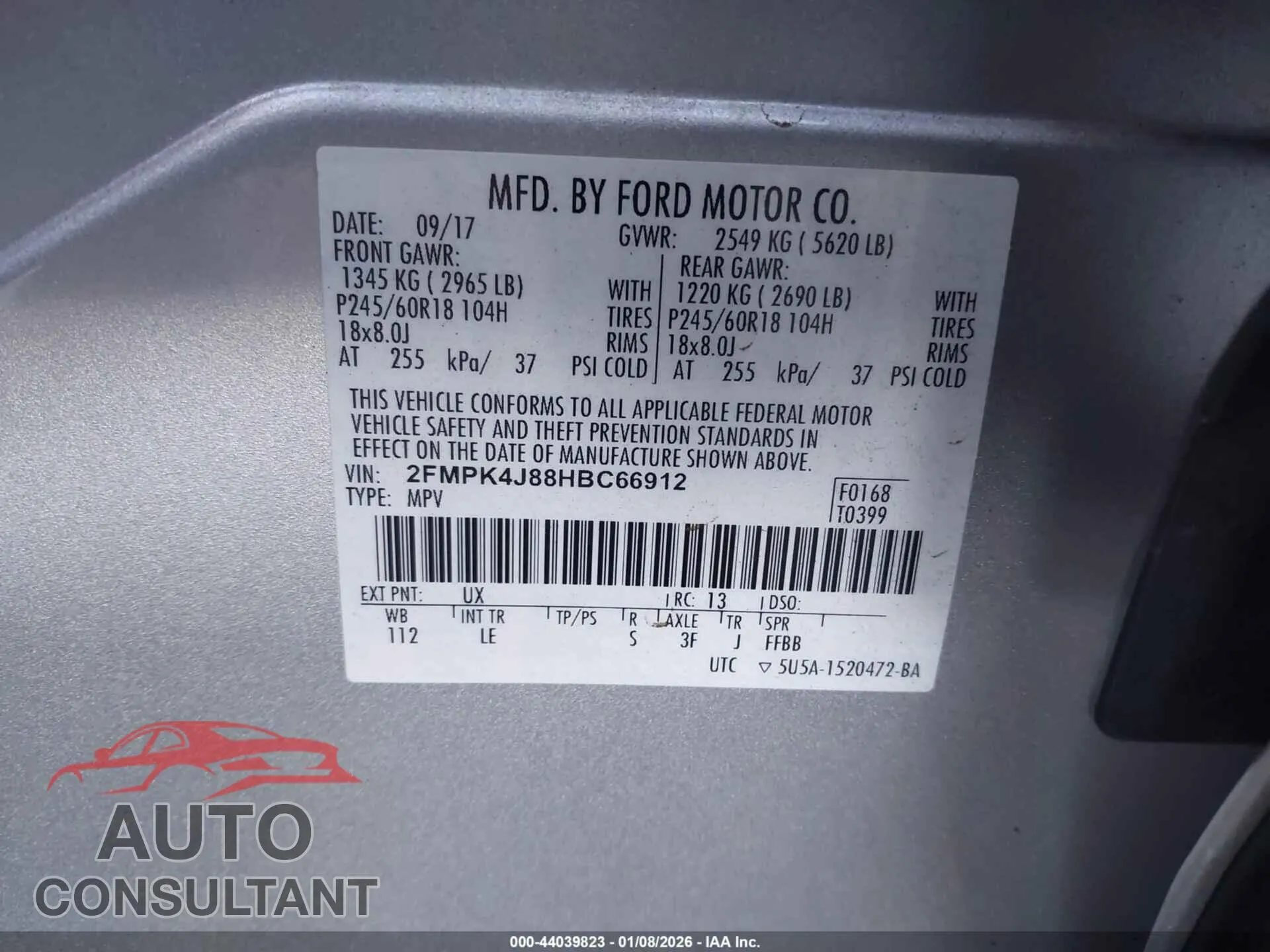 2017 FORD EDGE Damaged VIN 2FMPK4J88HBC66912 – trunk area 2017 FORD EDGE Damaged VIN 2FMPK4J88HBC66912 – trunk area
