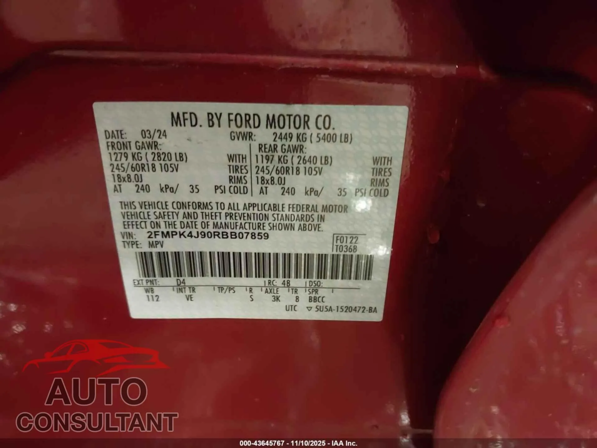 2024 FORD EDGE Damaged VIN 2FMPK4J90RBB07859 – trunk area