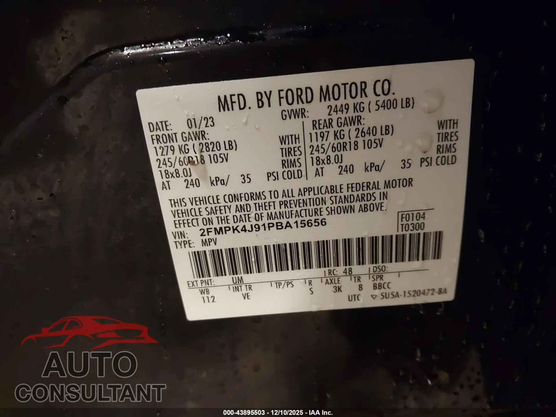 2023 FORD EDGE Damaged VIN 2FMPK4J91PBA15656 – trunk area