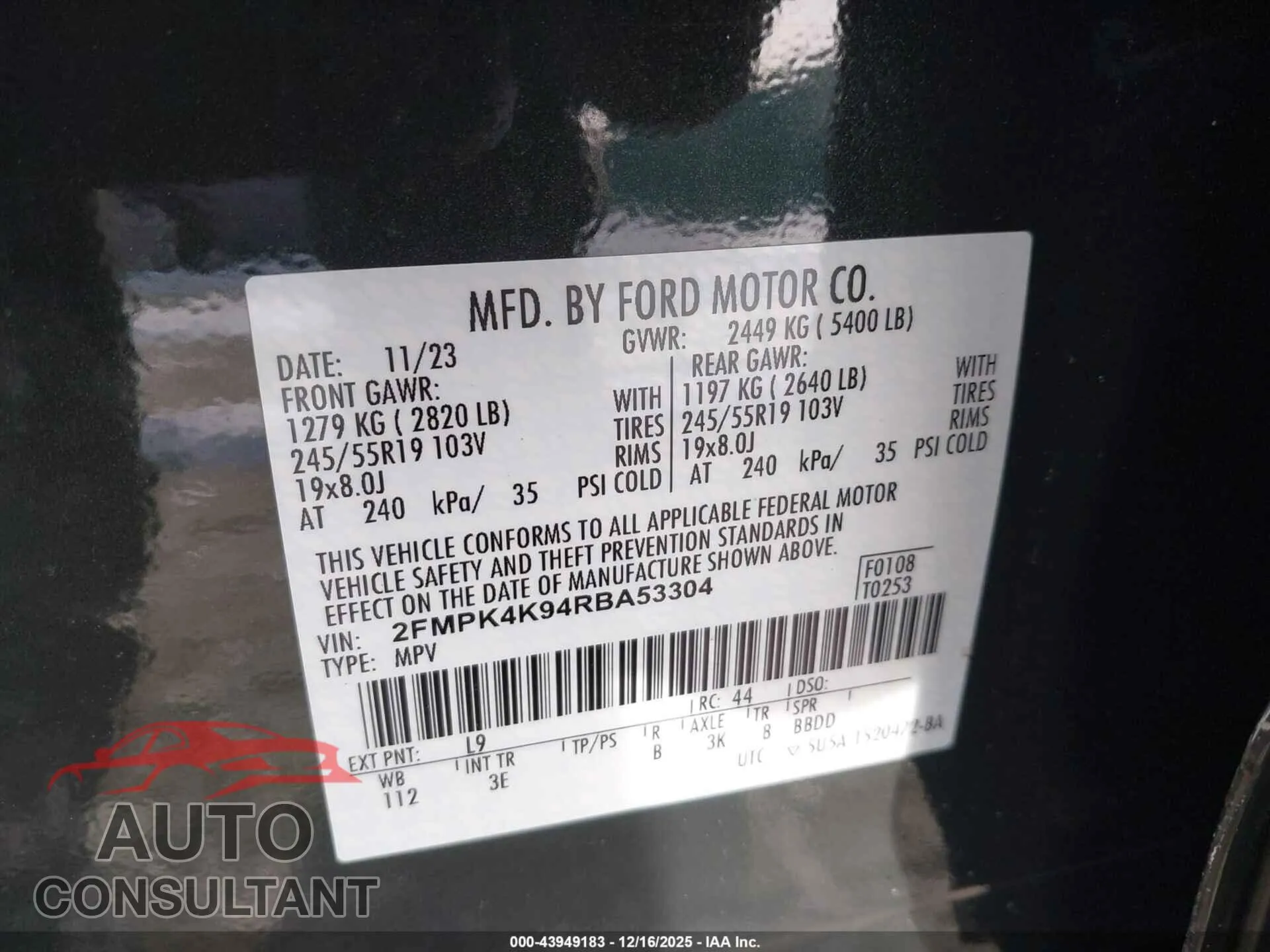 2024 FORD EDGE Damaged VIN 2FMPK4K94RBA53304 – trunk area